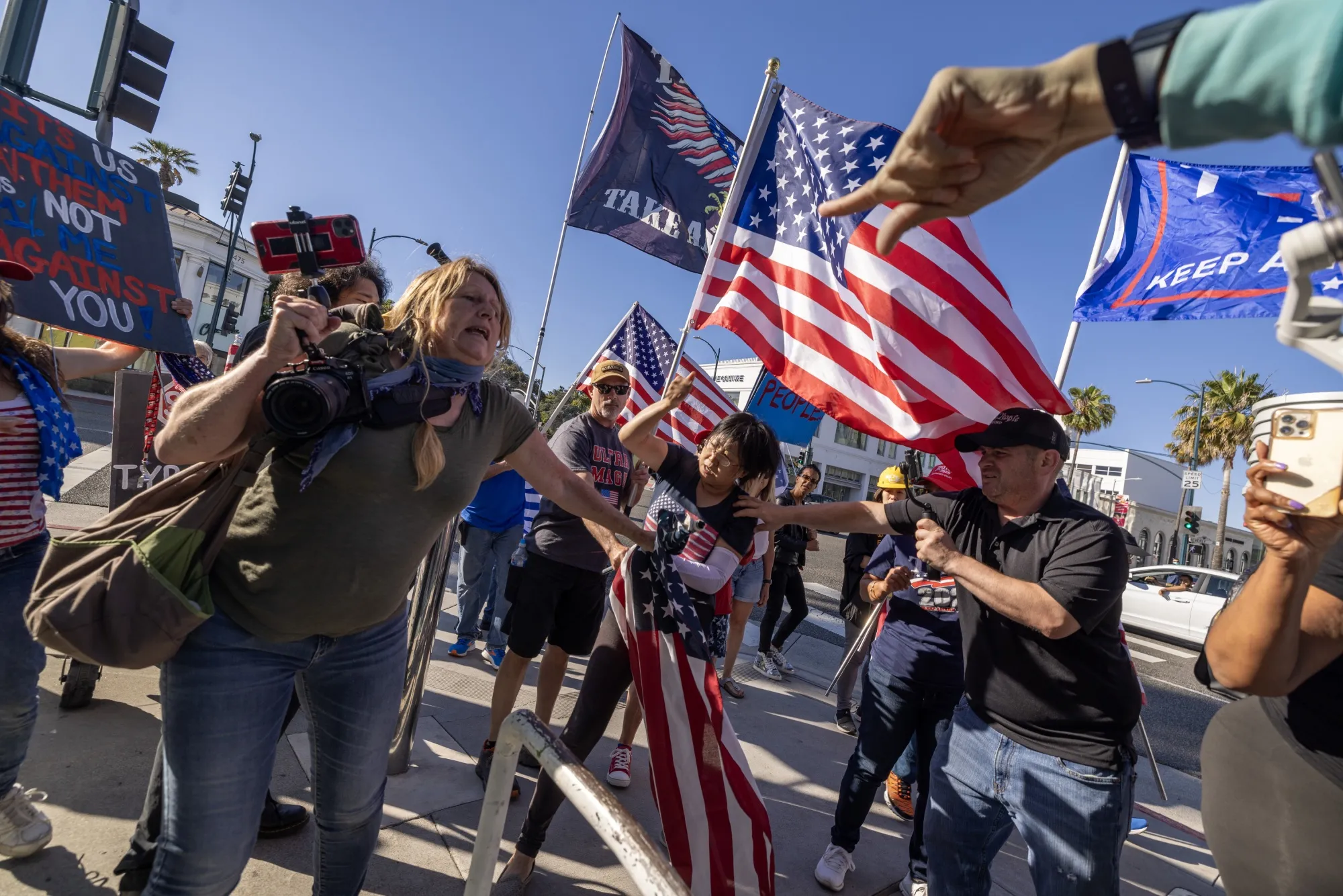 Supporters of Donald Trump clash with others over social media during the Beverly Hills Freedom Rally,&nbsp;in 2023.