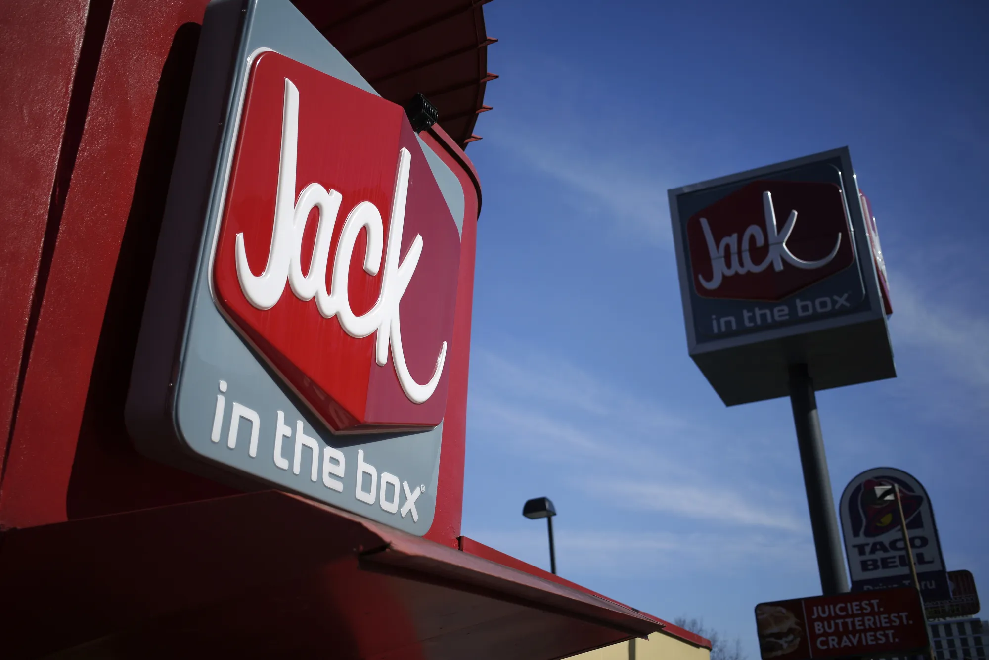Signage is displayed outside a Jack In The Box Inc. fast food restaurant in Nashville, Tennessee, U.S., on Thursday, Feb. 9, 2017. Jack in The Box Inc. is scheduled to release earnings figures on February 22.
