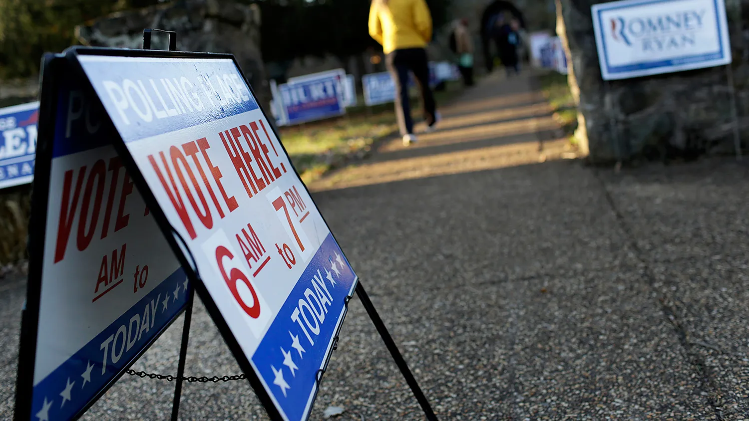 A voting sign is displayed at the Grace Episcopal Church polling location in The Plains, Virginia, on Nov. 6, 2012.
