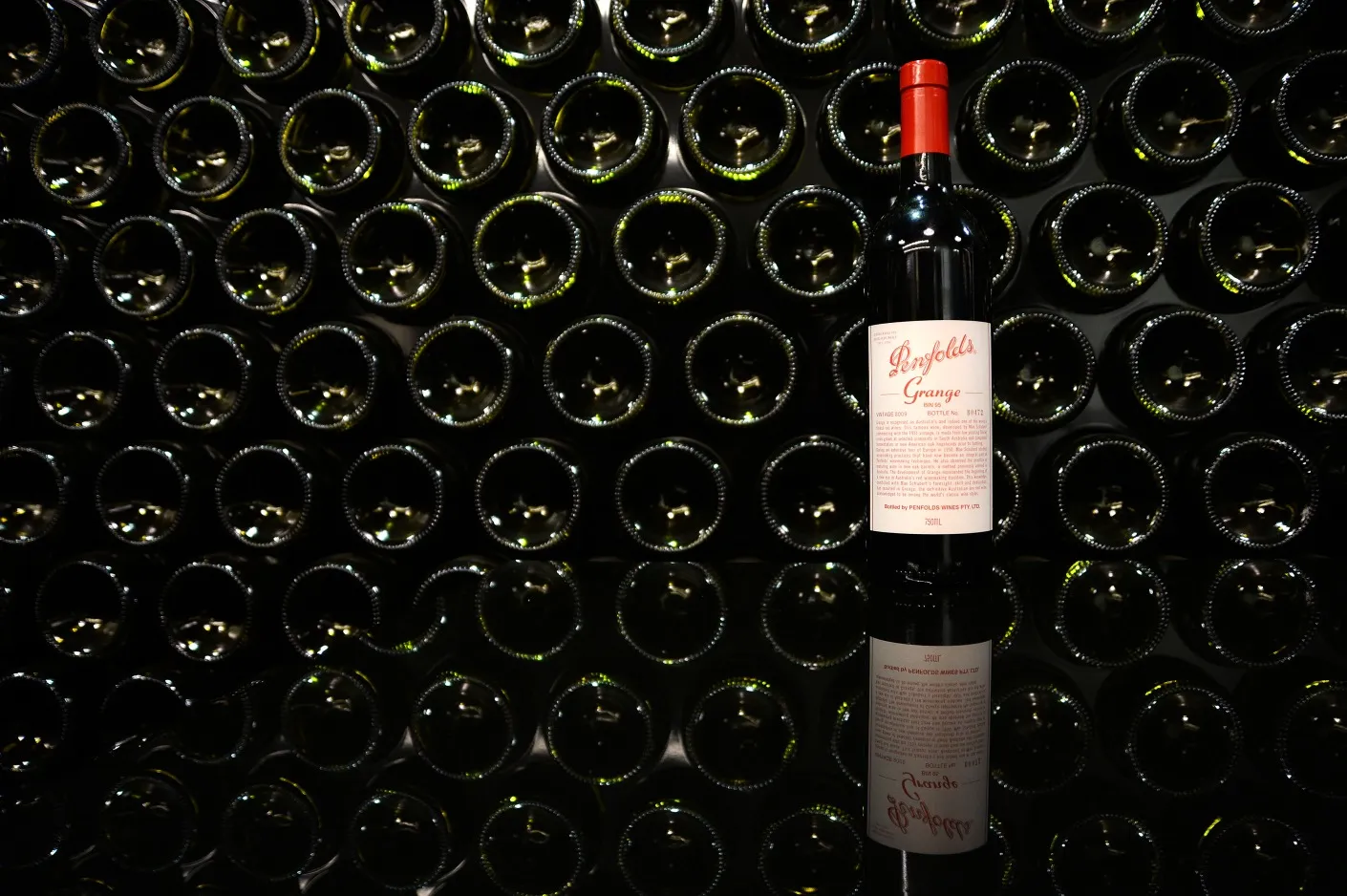 A bottle of Penfolds Grange 2009 vintage, produced by Treasury Wine Estates Ltd., at the company's headquarters in Melbourne, Australia.