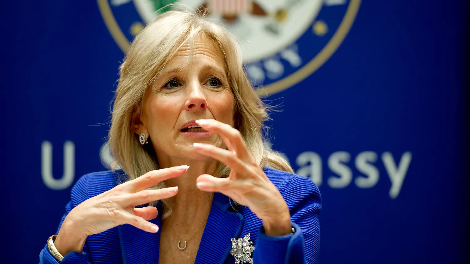 Jill Biden, wife of US Vice President Joe Biden attends a meeting of German and US participents of the Congress Bundestag Youth Exchange Program in Berlin on February 1, 2013.
