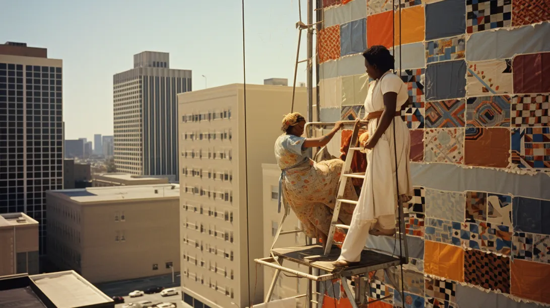 An AI-generated image of the Black quilters of Gee’s Bend in Alabama building a skyscraper with a quilted façade.