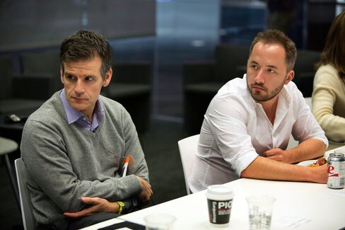 Dennis Woodside, chief operating officer of Dropbox, left, and Drew Houston, chief executive officer and co-founder of Dropbox.