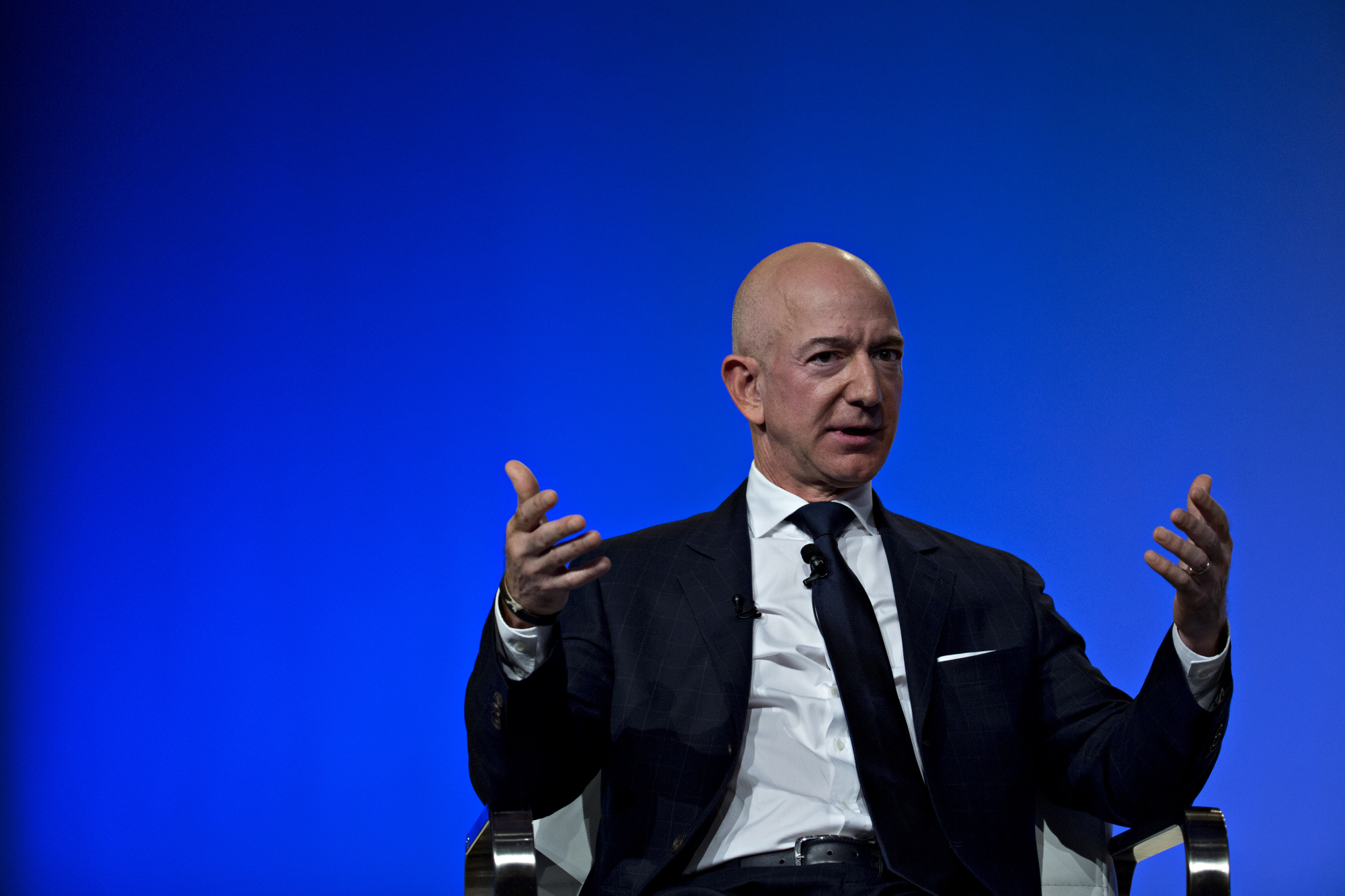 Jeff Bezos, founder and chief executive officer of Amazon.com Inc., speaks during a discussion at the Air Force Association's Air, Space and Cyber Conference.
