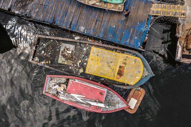 Abandoned, rotting ships, boats and seafare structures float in the surroundings of the Guanabara bay in Sao Gonçalo, Rio de Janeiro.
