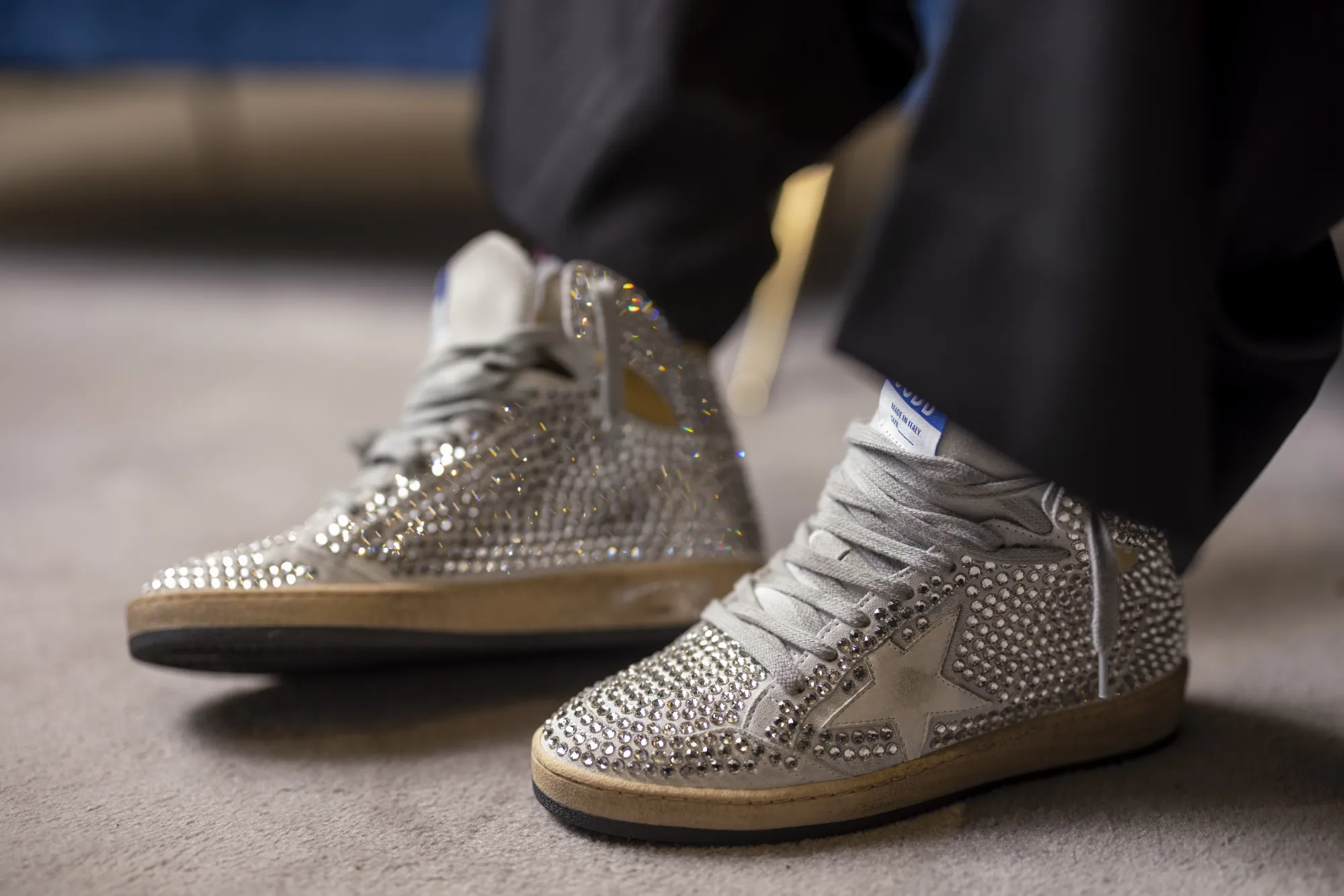 A pair of Swarovski jewel-encrusted sneakers at a Golden Goose SpA store.
