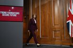 Britain's Chancellor of the Exchequer Rachel Reeves arrives to deliver a speech in the media briefing room of 9 Downing Street, London, Tuesday Nov. 4, 2025. (Justin Tallis/Pool Photo via AP)