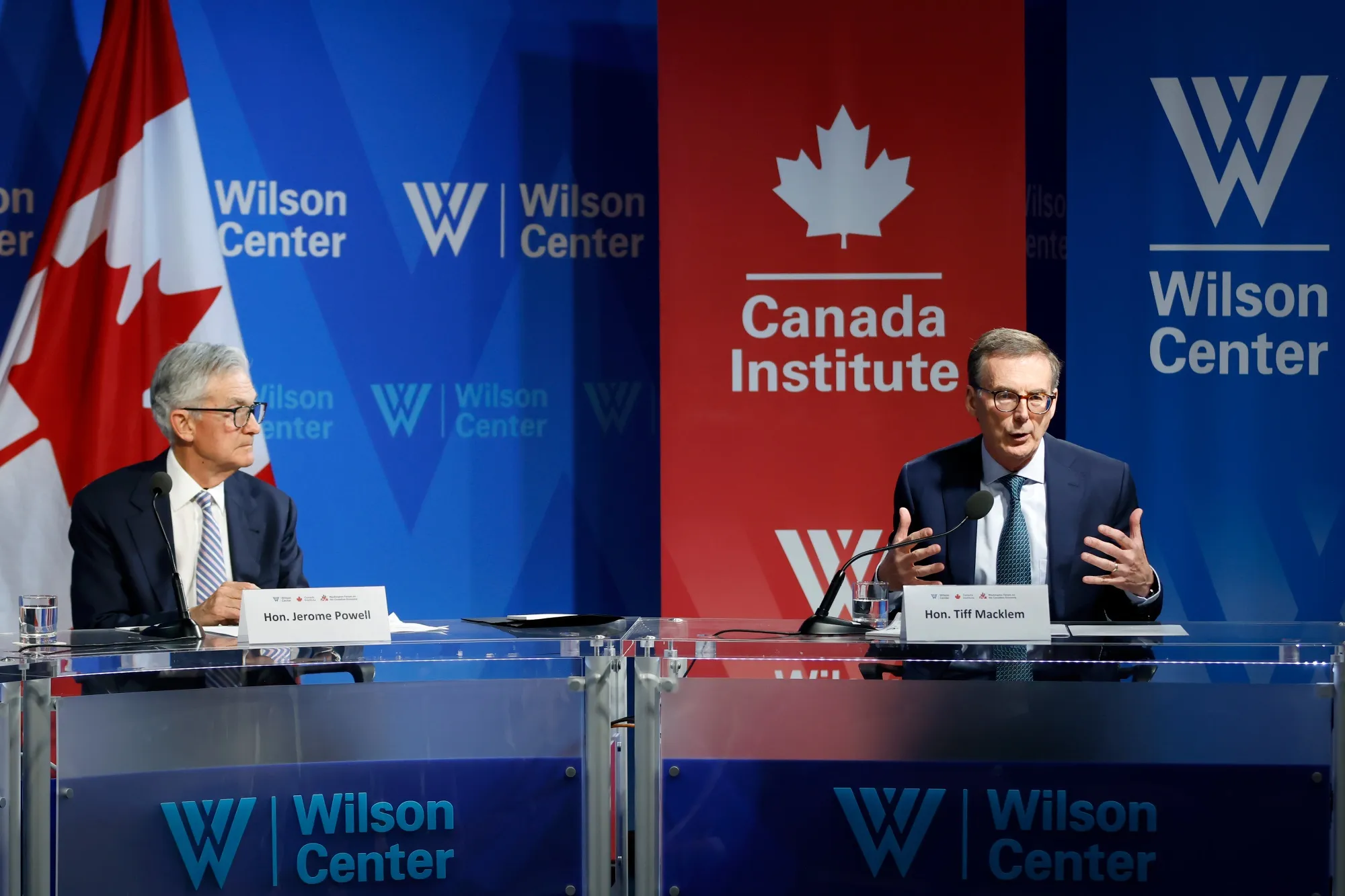 US Federal Reserve Chair Jerome Powell and Bank of Canada Governor Tiff Macklem during a fireside chat at the Wilson Center in Washington on Tuesday.