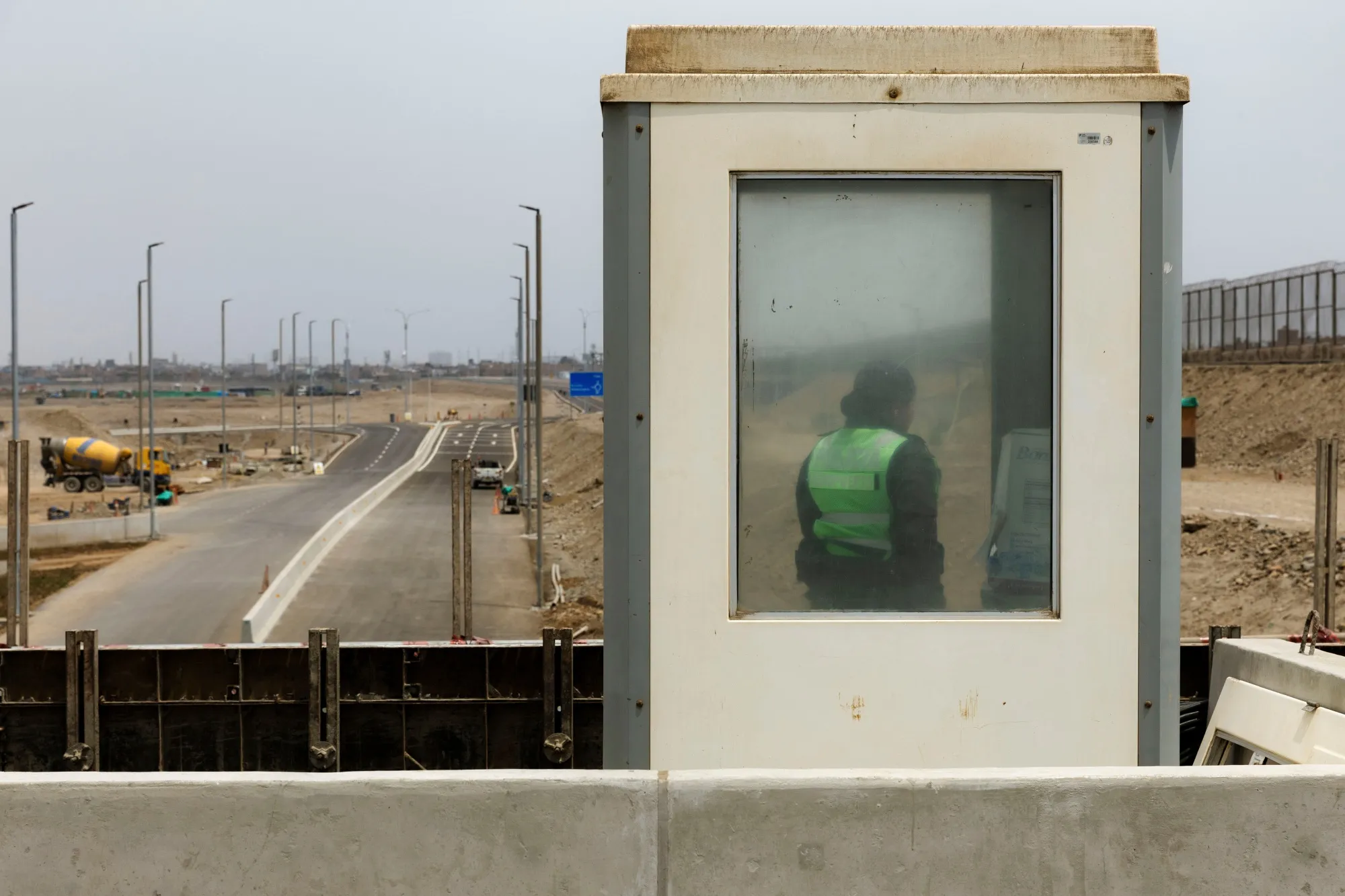 A guard station near the Santa Rosa bridge access road to the main terminal of the new Jorge Chavez Airport (LIM) in Lima, Peru, on Thursday, Dec. 5, 2024.