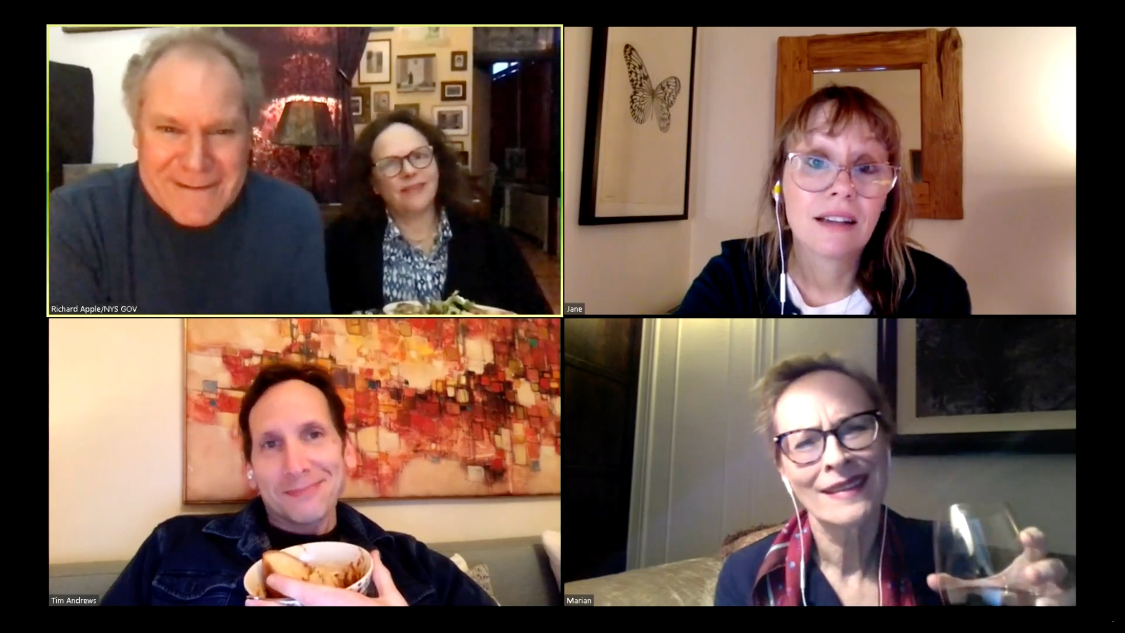 Clockwise from top left: Sanders, Plunkett, Murphy, Robins, and Kunken in the livestreamed world premiere of the latest drama&nbsp;in the Apple Family Plays, “What Do We Need To Talk About?”