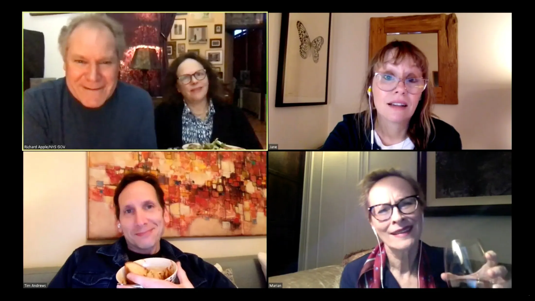 Clockwise from top left: Sanders, Plunkett, Murphy, Robins, and Kunken in the livestreamed world premiere of the latest drama&nbsp;in the Apple Family Plays, “What Do We Need To Talk About?”