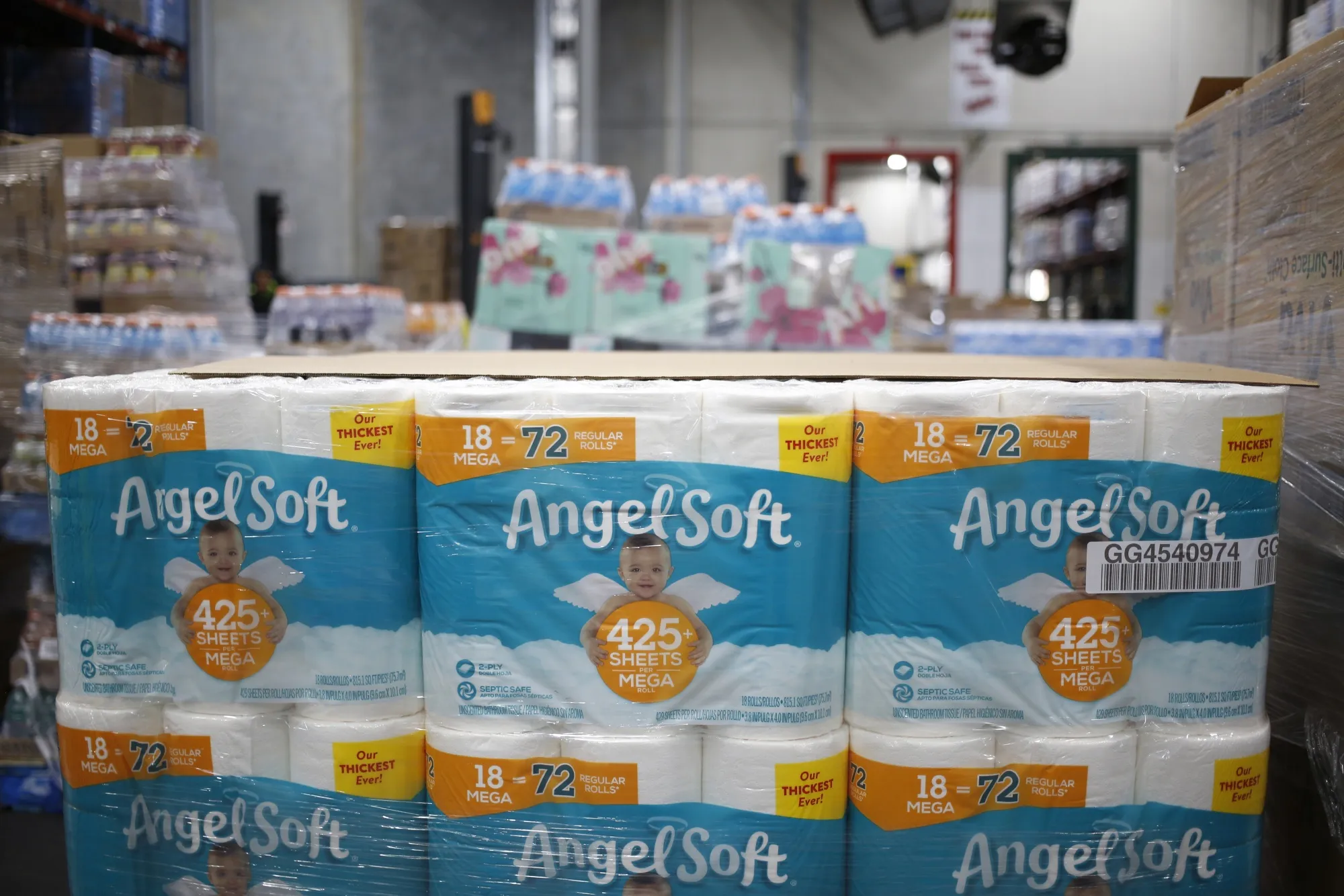 Packages of toilet paper sit on a pallet at a Kroger distribution center in Kentucky in March.
