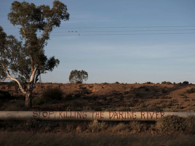 A spray painted pipeline along a road into Menindee, in the far west of New South Wales, in March. 