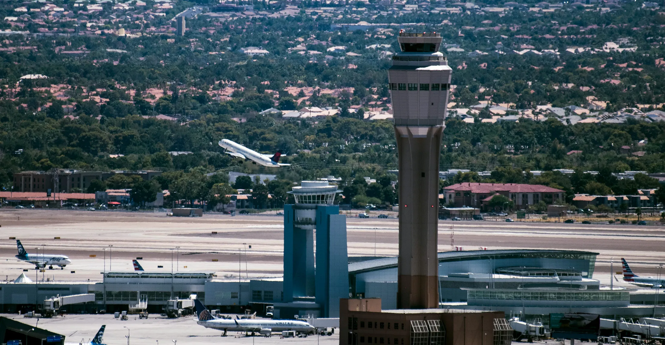 The air traffic control tower at McCarran International Airport in Las Vegas, Nevada on Aug. 30, 2019.