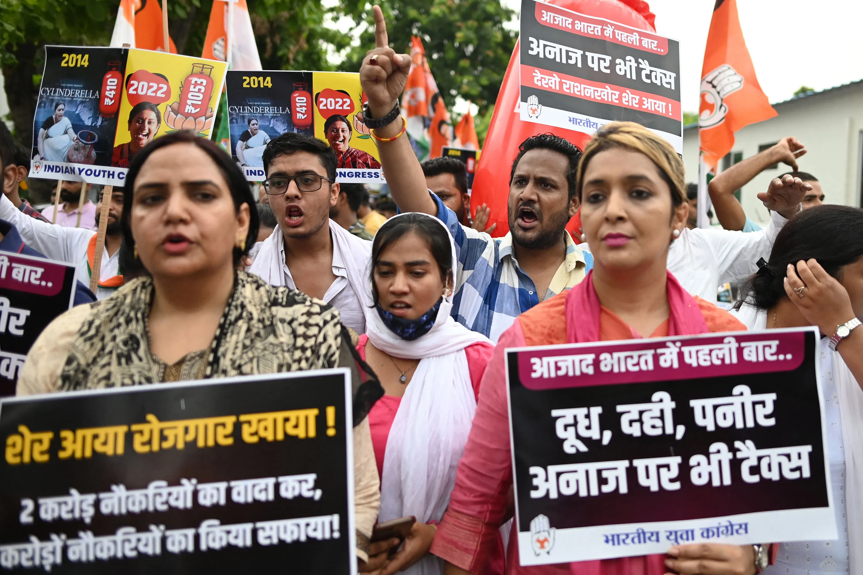 Demonstrators protest against the central government over unemployment and rising inflation in New Delhi, India, on July 19.