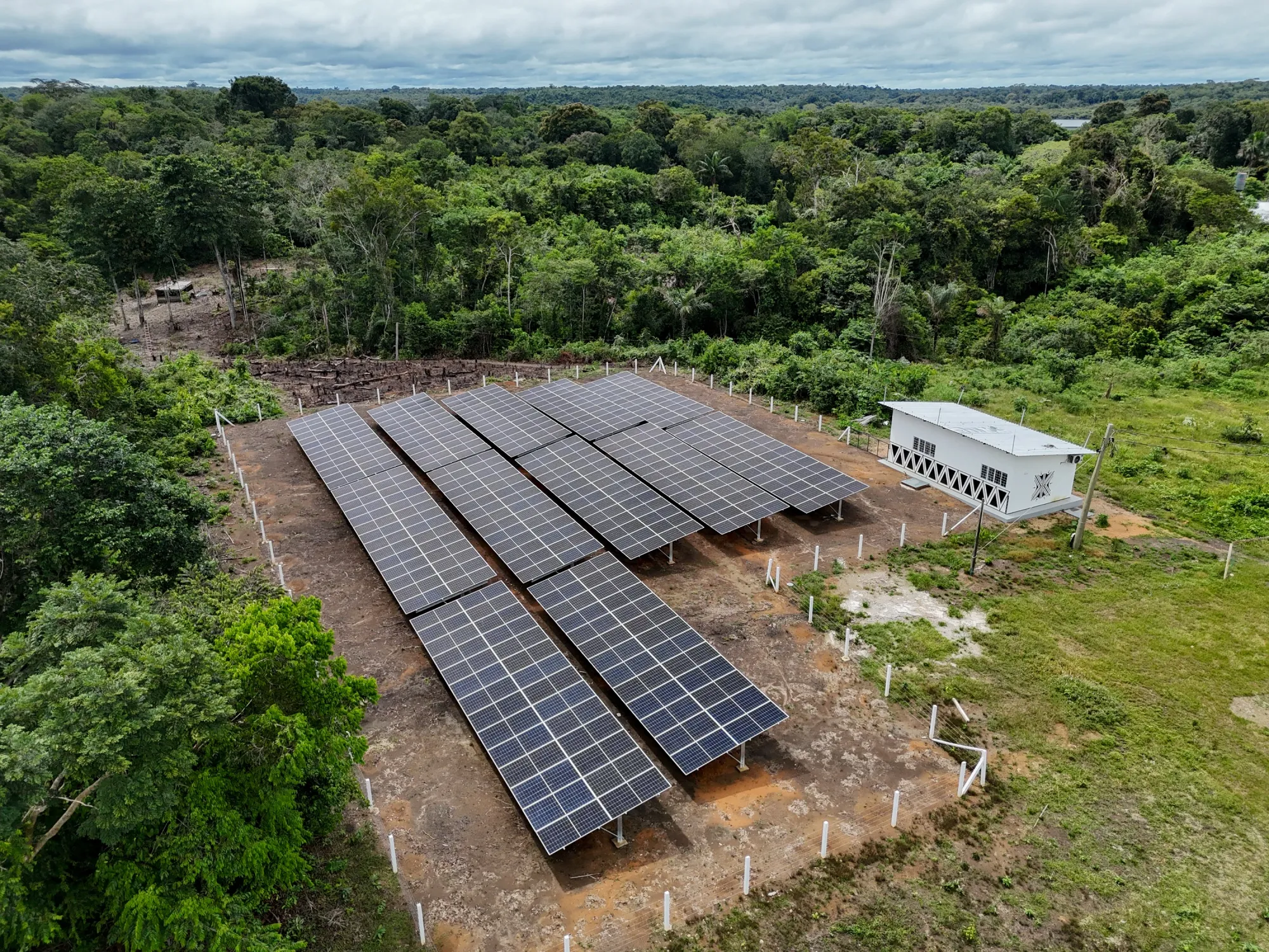 A solar array in Três Unidos, a Kambeba Indigenous community on the Negro River in the Brazilian Amazon.