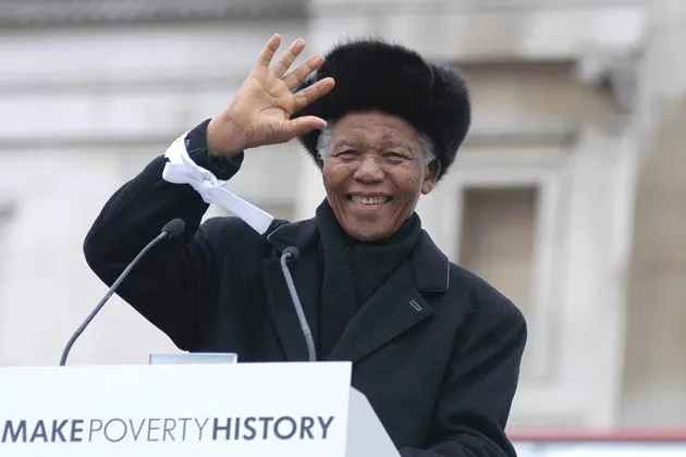 Nelson Mandela speaking in Trafalgar Square, London in 2005.