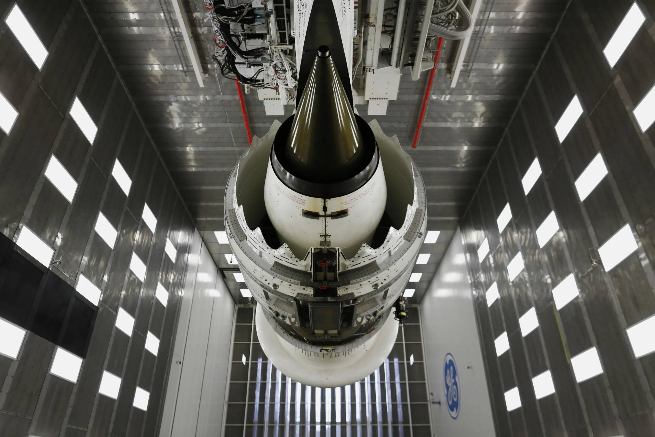 A GEnx-1B commercial jet engine in a test tunnel at the GE Aviation Test Operations facility in Peebles, Ohio.