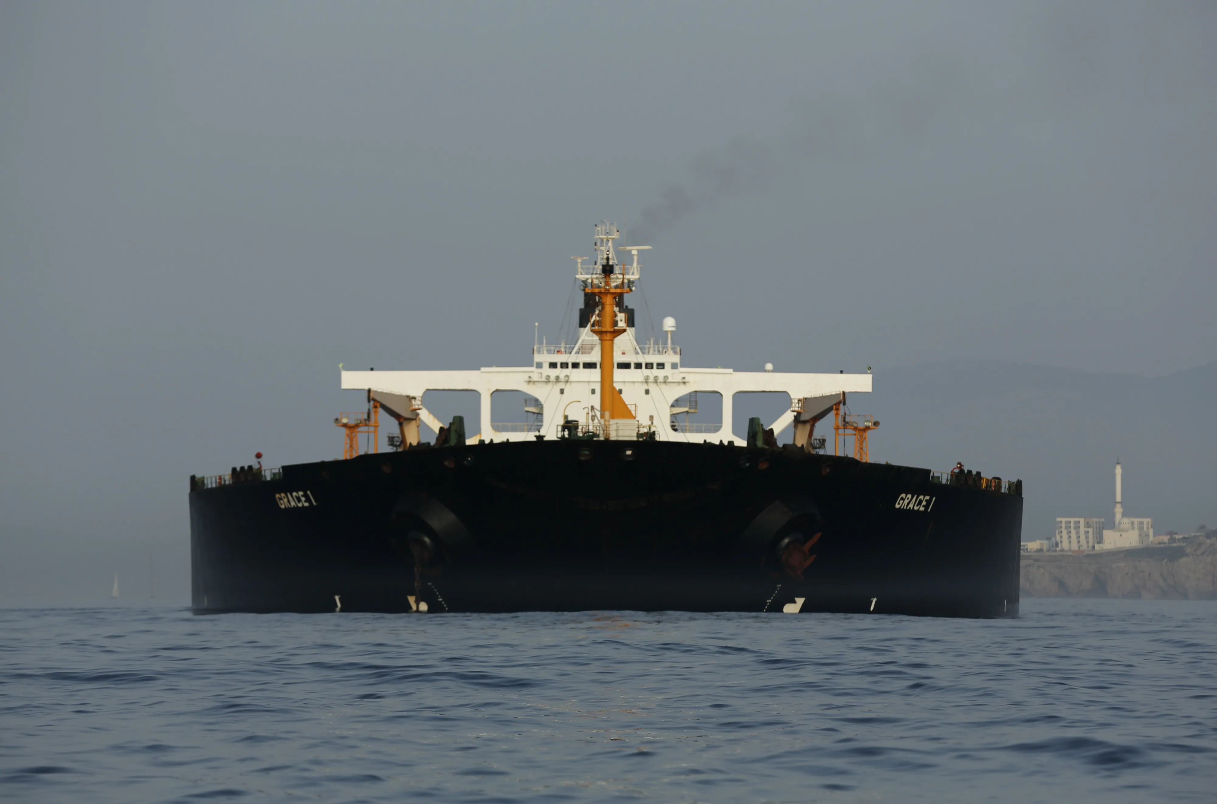 The impounded Iranian crude oil tanker, Grace 1, sits anchored off the coast of Gibraltar, on Saturday, July 20, 2019. Tensions have flared in the Strait of Hormuz in recent weeks as Iran resists U.S. sanctions that are crippling its oil exports and lashes out after the seizure on July 4 of one of its ships near Gibraltar.