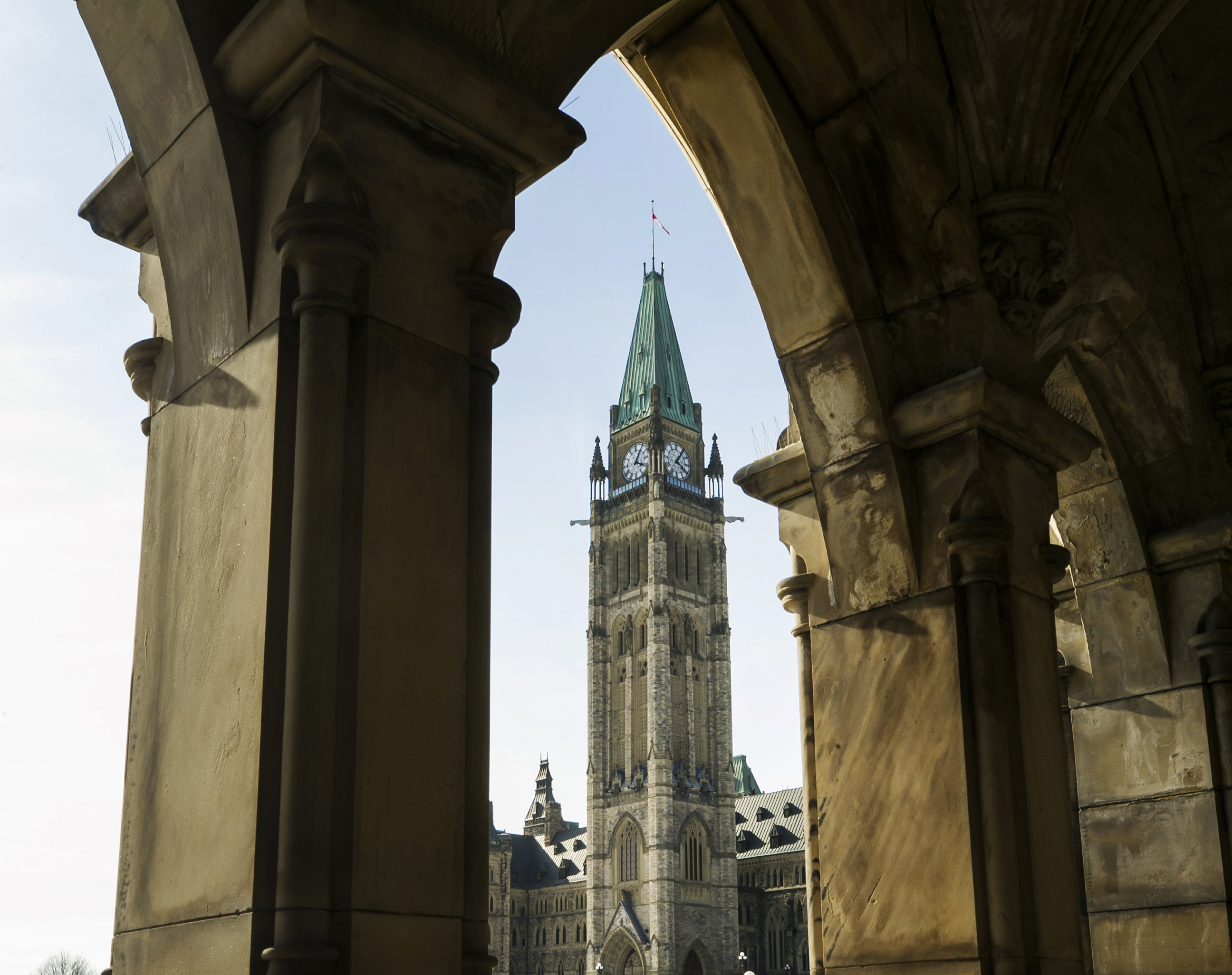 The Peace Tower stands on Parliament Hill in Ottawa, Ontario, Canada.