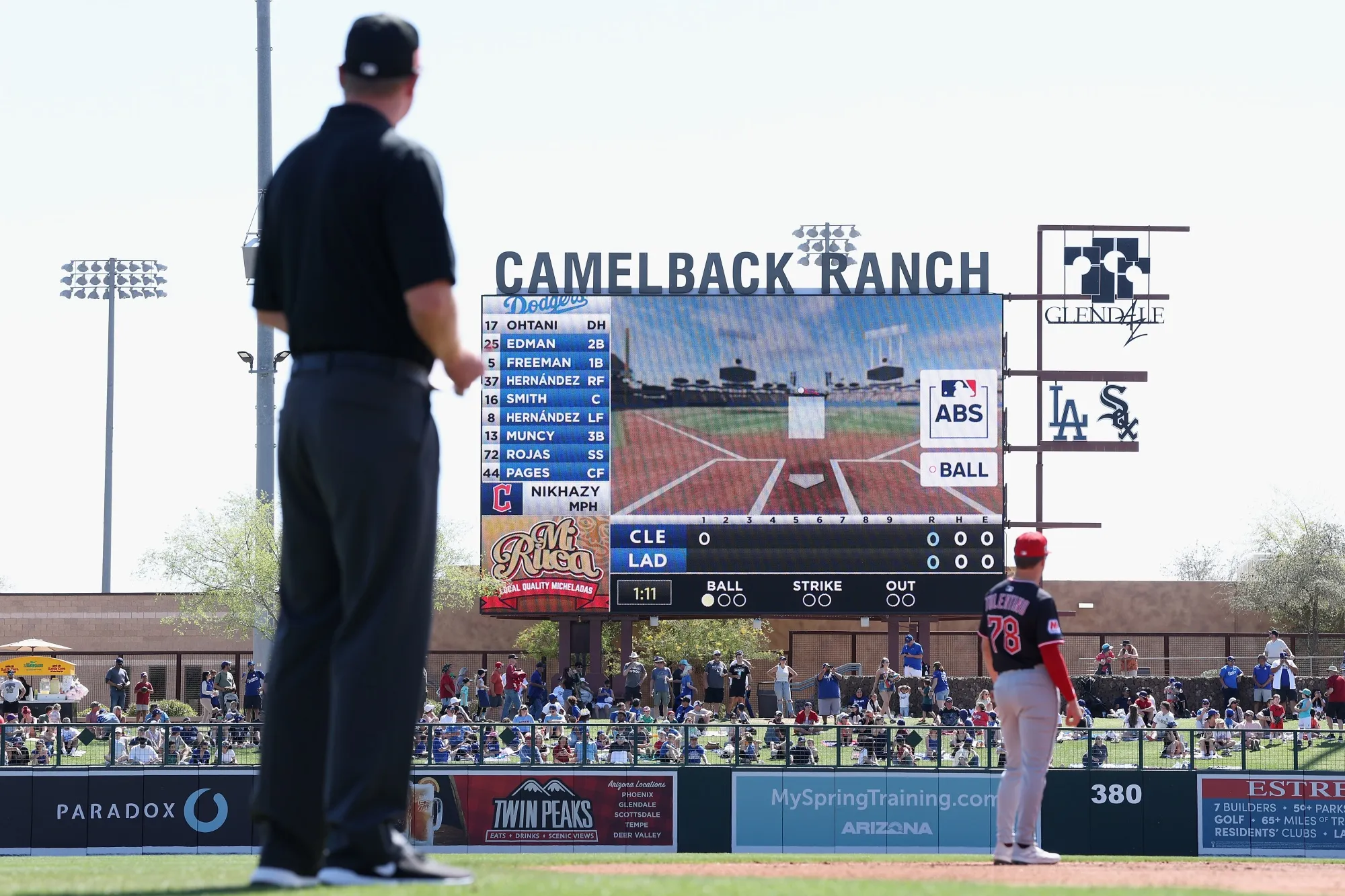 The video board displays the Automated Ball-Strike (ABS) system during a challenge by the Los Angeles Dodgers in a spring training game&nbsp;in Glendale, Arizona on March 11.&nbsp;