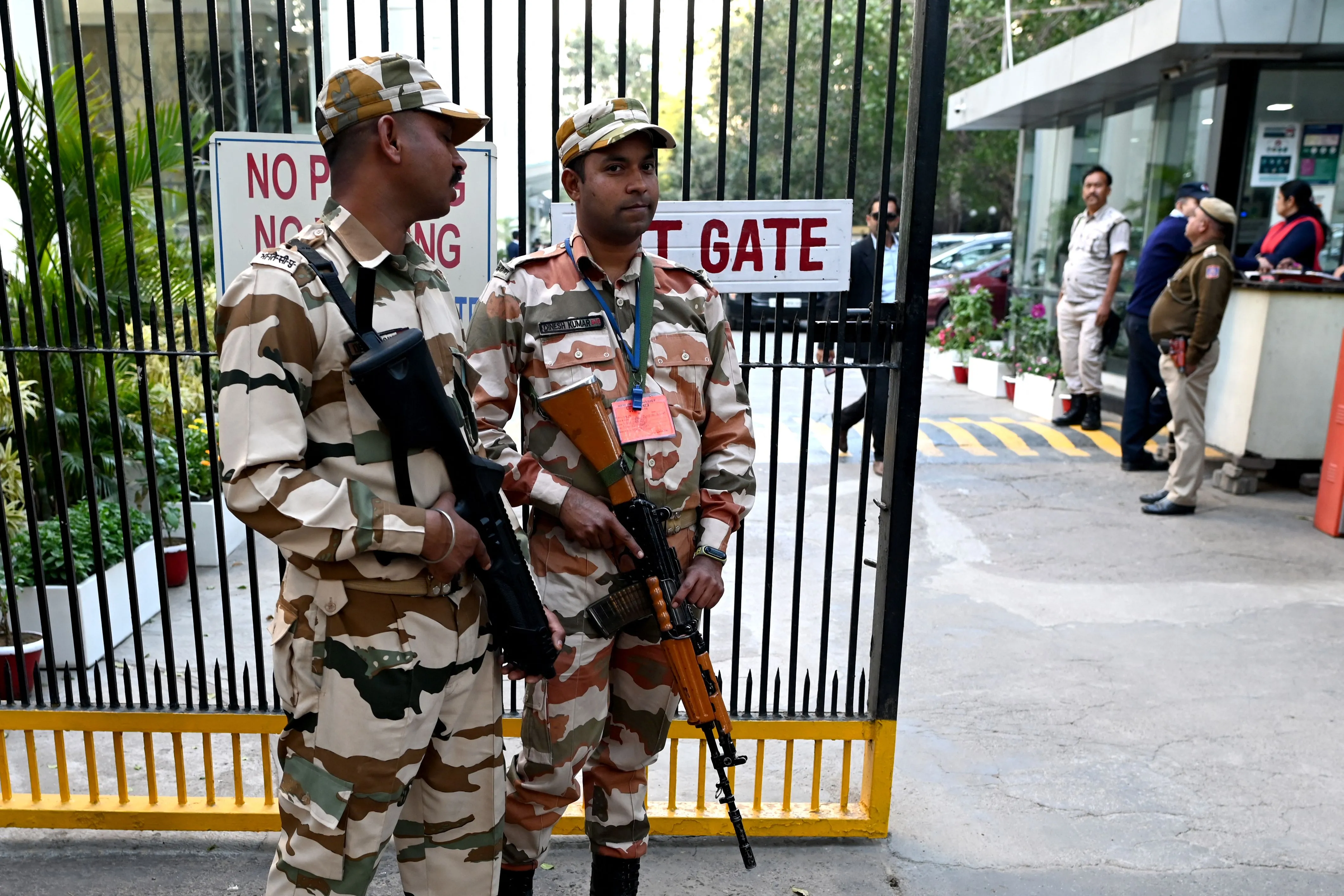 Indo-Tibetan Border Police outside the building of BBC’s office in New Delhi on Feb. 15.