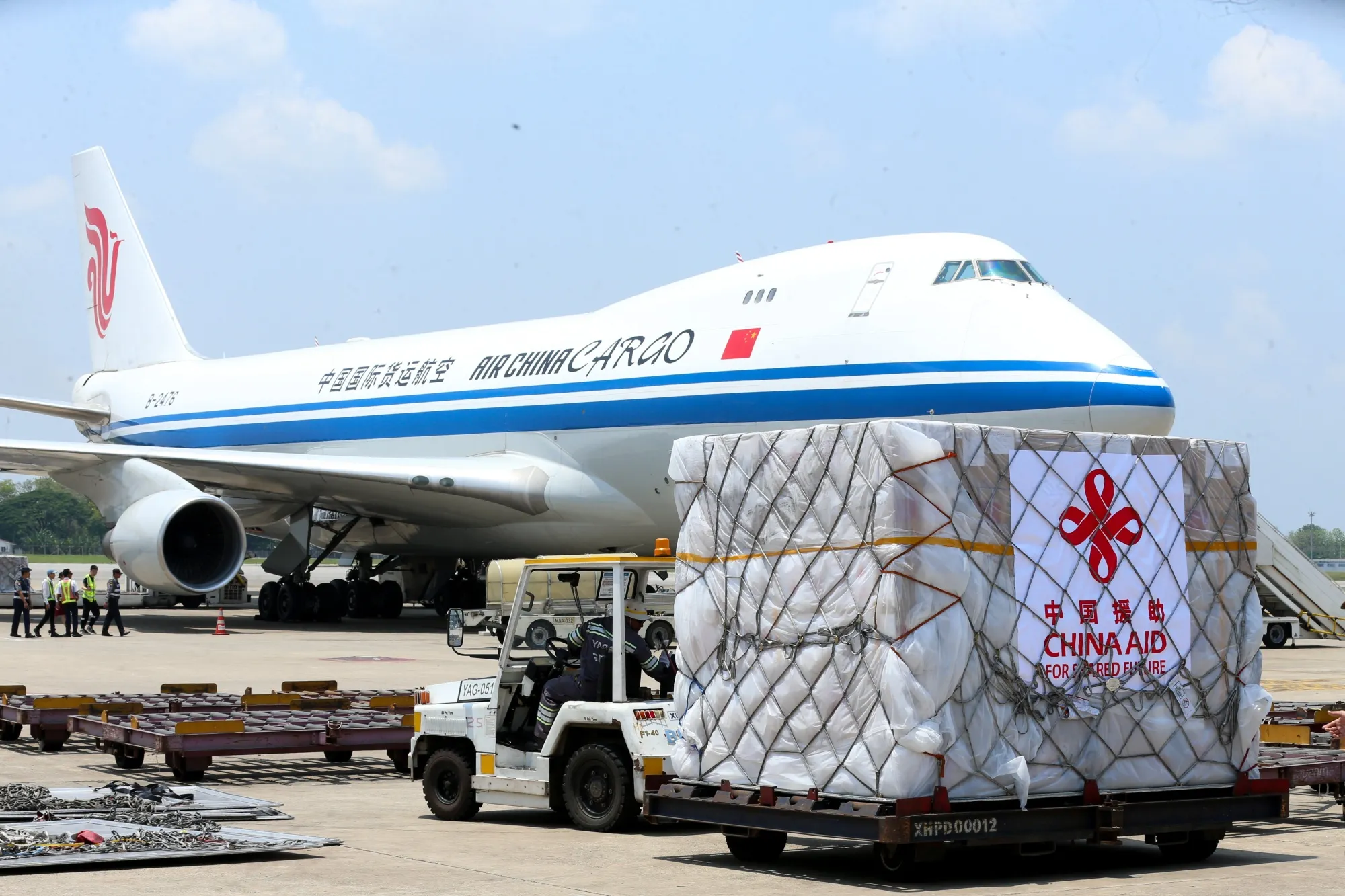 Emergency humanitarian aid supplies dispatched by the Chinese government arrives at Yangon International Airport in Myanmar on April 20.
