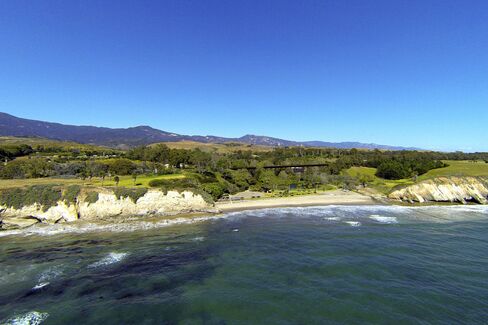 A view of the $50 million Dos Pueblos ranch, with sandy beach and picturesque train trestle.
