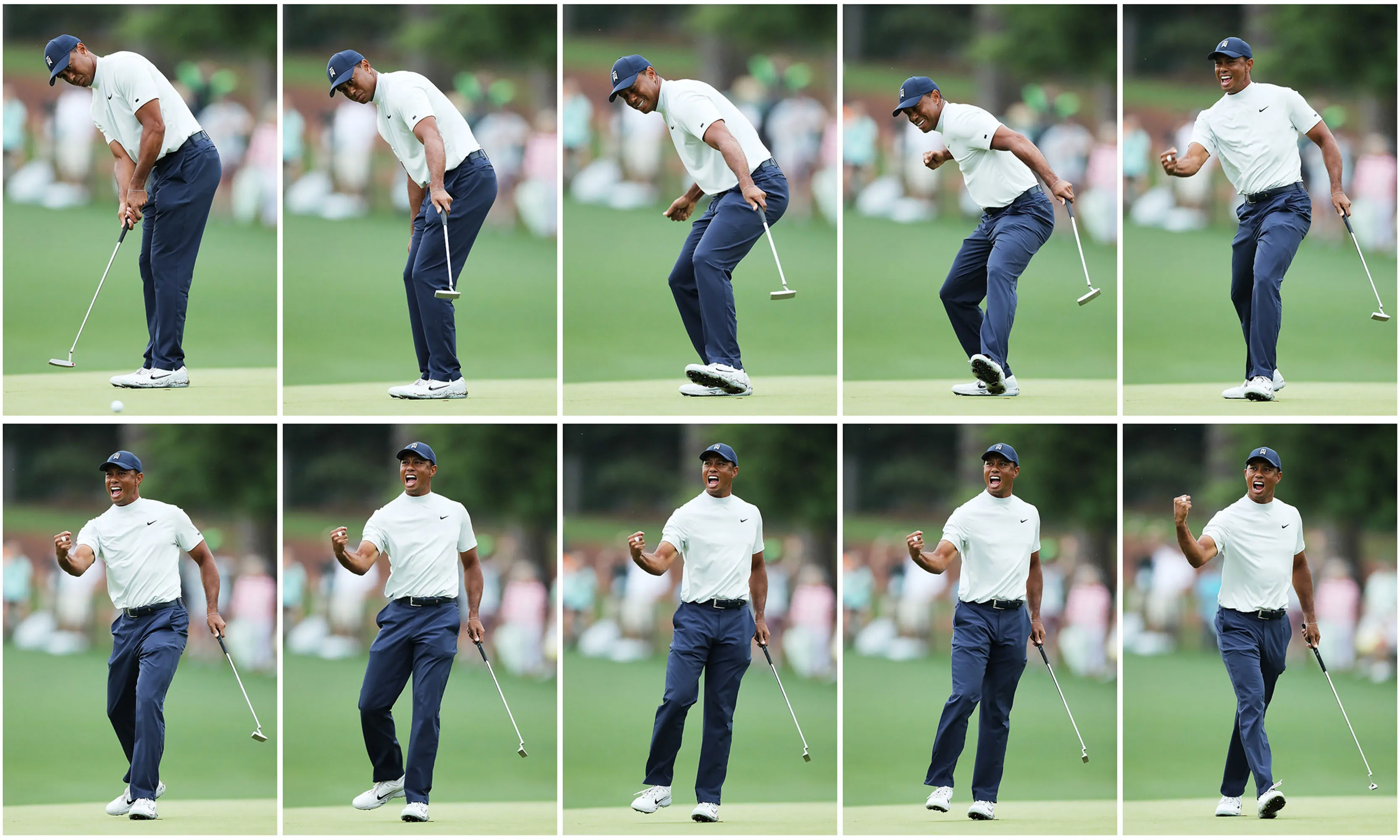 Tiger Woods of the United States celebrates after making a putt for birdie on the 15th green during the second round of the Masters at Augusta National Golf Club on April 12, 2019 in Augusta, Georgia.