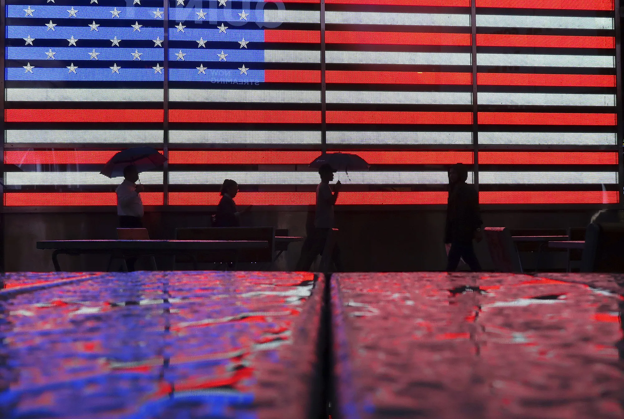 Times Square in New York City rain flag
