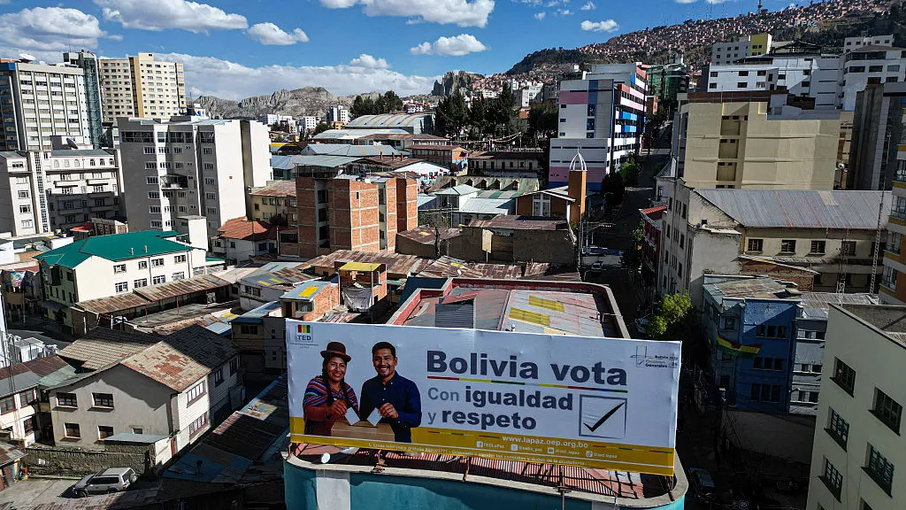 Bolivia's Departmental Electoral Tribunal billboard promoting the presidential election, in La Paz on Aug. 16.