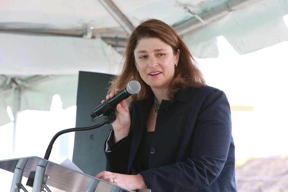 Then-Deputy Mayor Alicia Glen speaking at the Dock 72 groundbreaking at the Brooklyn Grange on May 5, 2016.