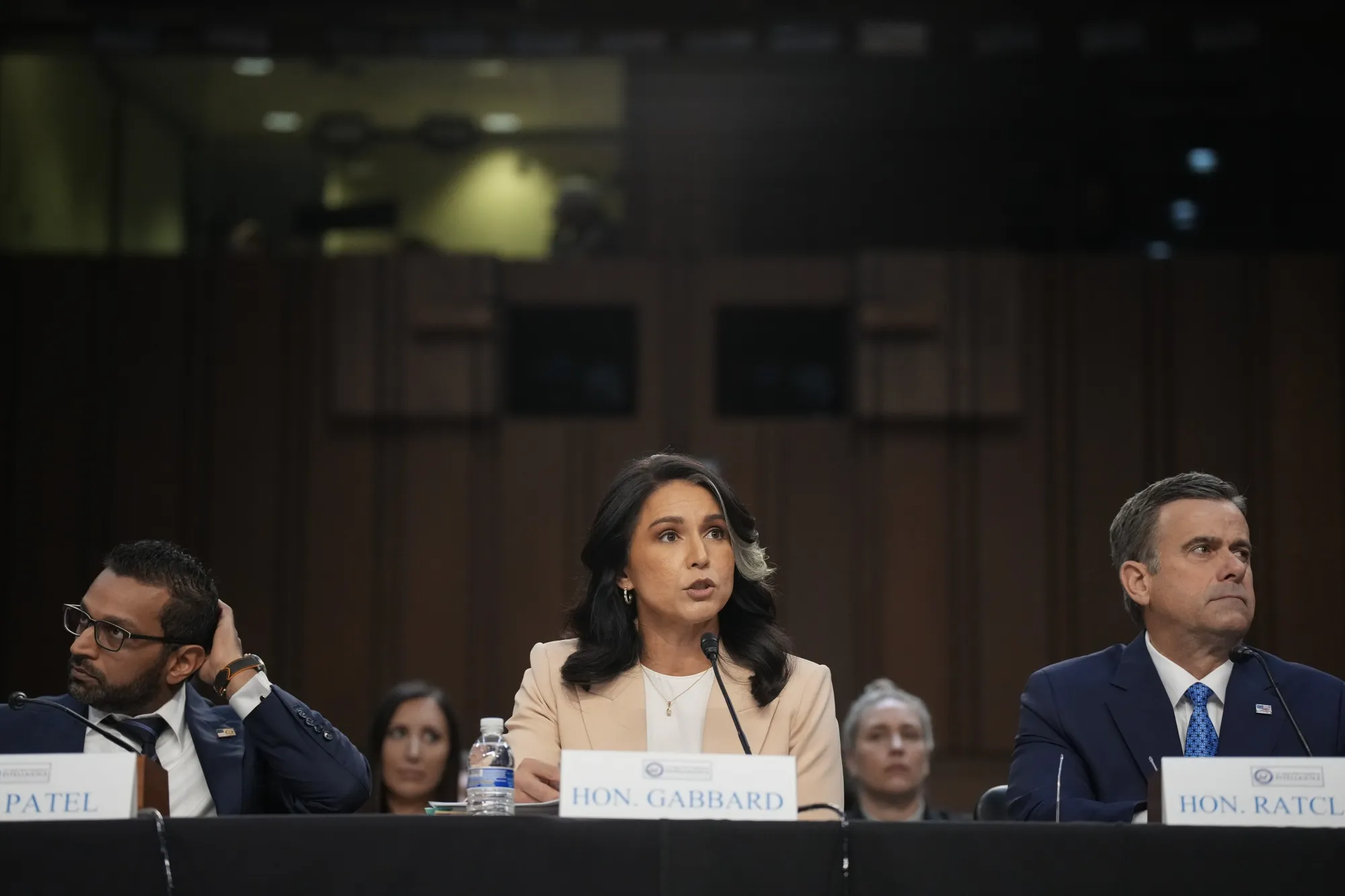 FBI Director Kash Patel, Director of National Intelligence Tulsi Gabbard, and Central Intelligence Agency Director John Ratcliffe during a Senate Committee on Intelligence Hearing&nbsp;in Washington on March 25.&nbsp;