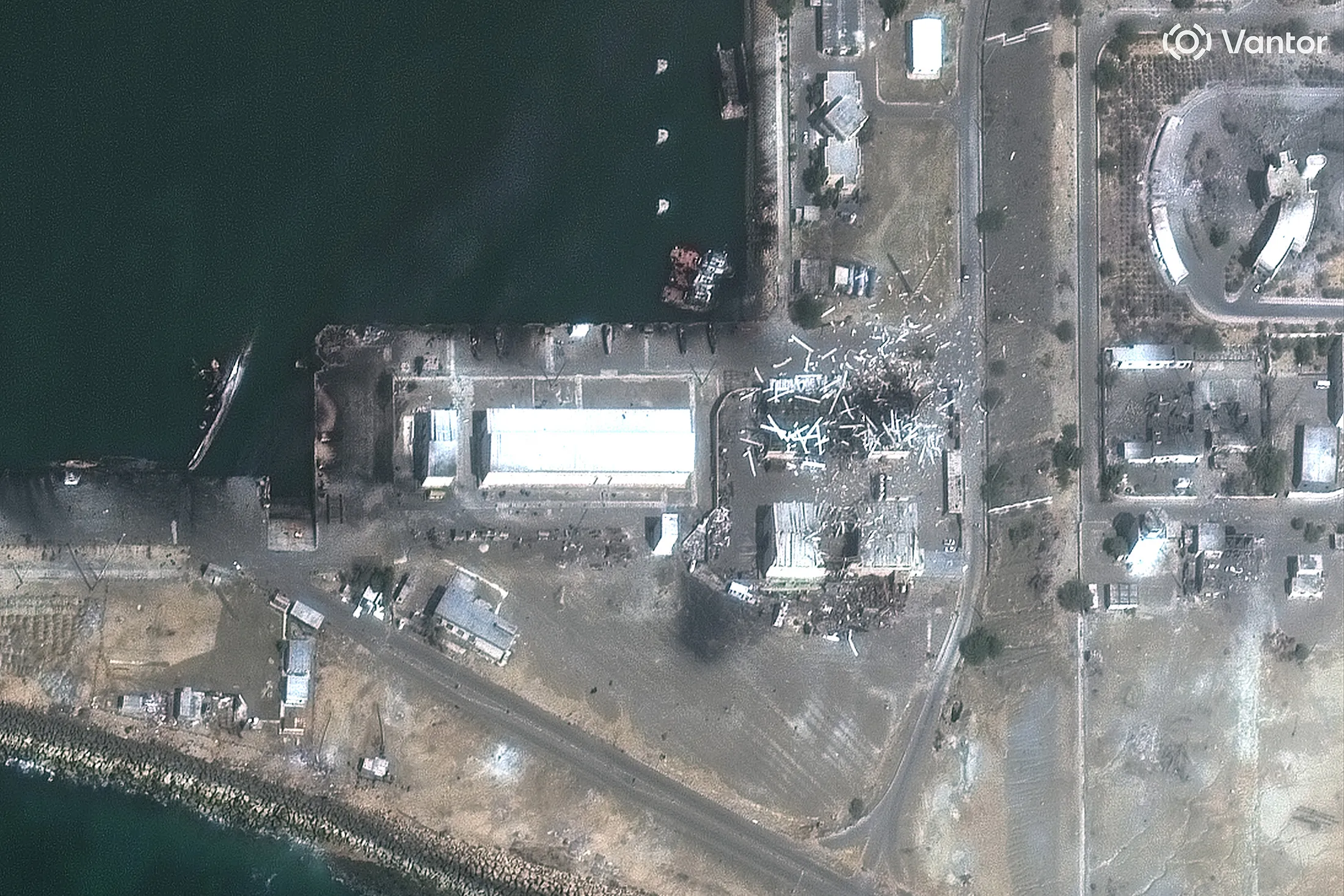 This satellite image provided by Vantor shows destroyed and sinking vessels and damaged buildings at Iran’s Konarak Naval Base on March 1.