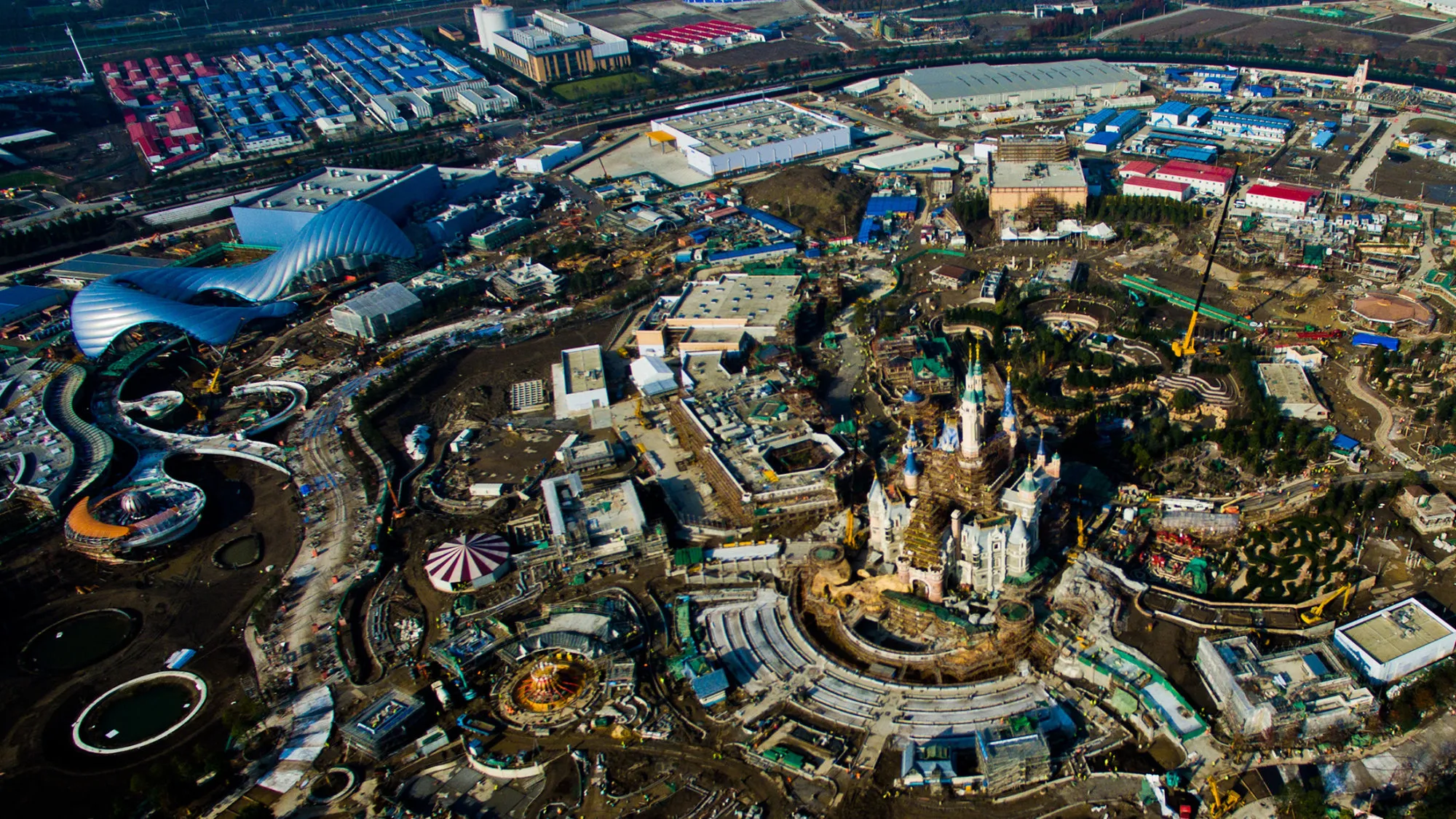 Aerial view of the Shanghai Disney Resort under construction in Pudong, Shanghai, China, 12 December 2015. Source: Shanghai EYE/Imaginechina/AP Images
