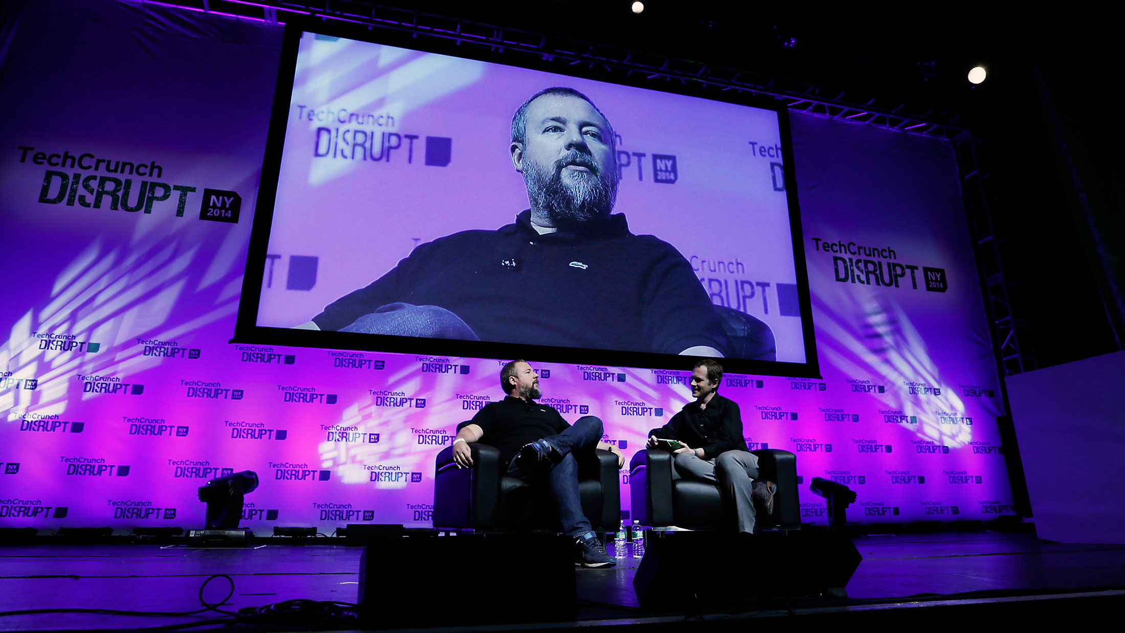 Shane Smith, co-founder and chief executive officer of Vice Media Inc., left, speaks during the TechCrunch Disrupt NYC 2014 conference in New York.
