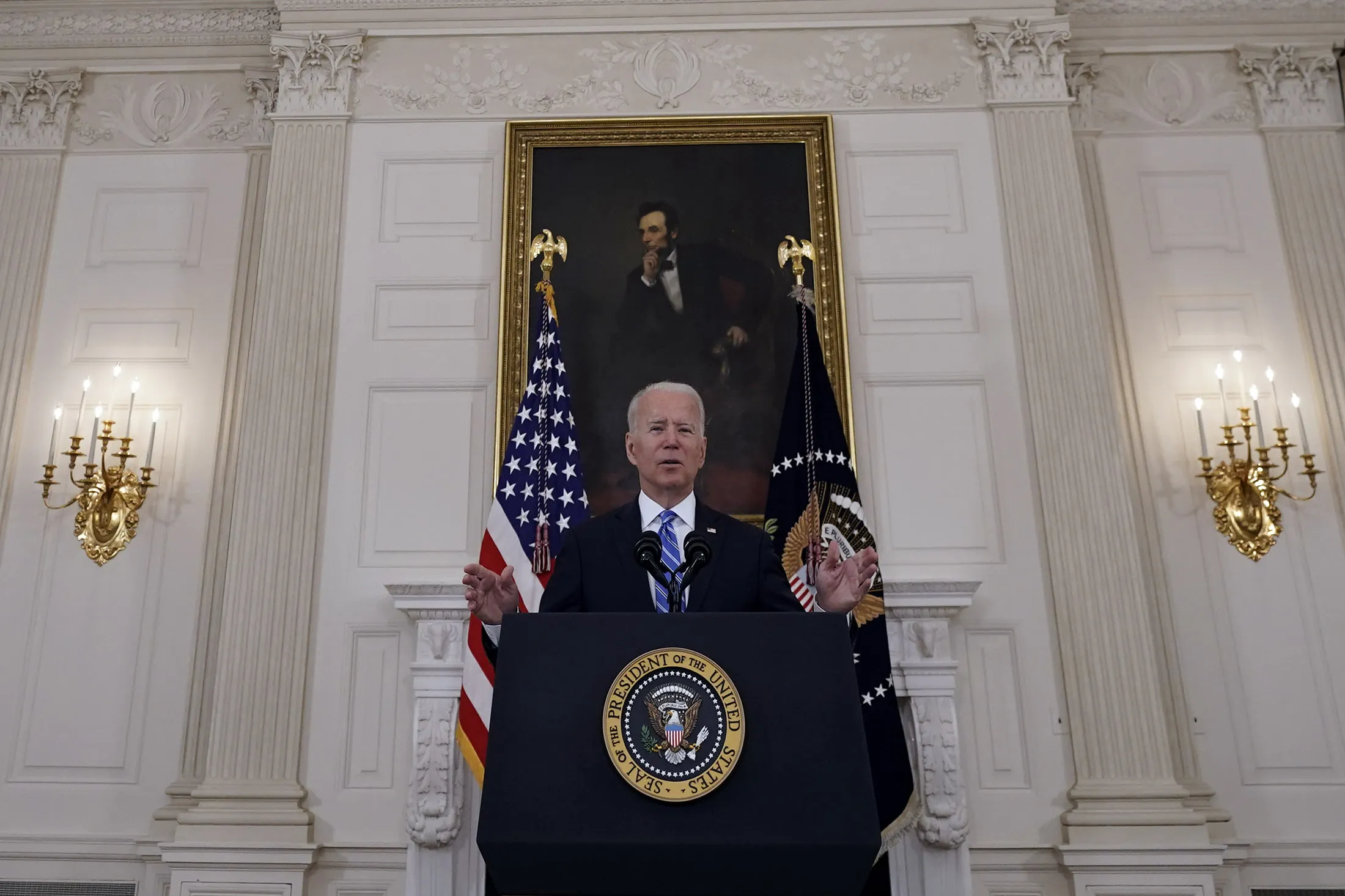 President Joe Biden speaks in the State Dining Room of the White House on July 19.