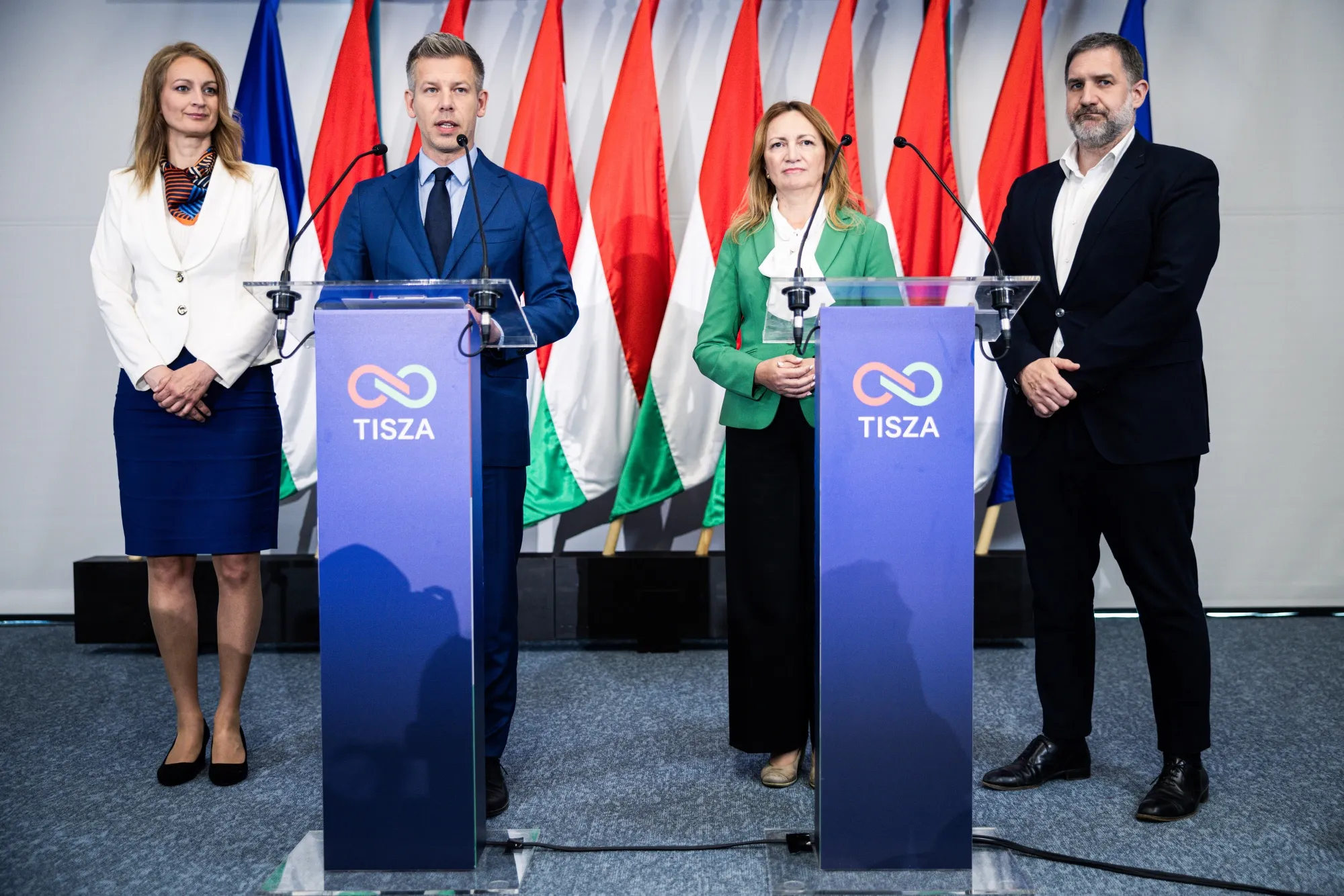 Peter Magyar, second left, with Agnes Forsthoffer, left, Andrea Bujdoso, second right, and Peter Toth, in Budapest, on April 20.
