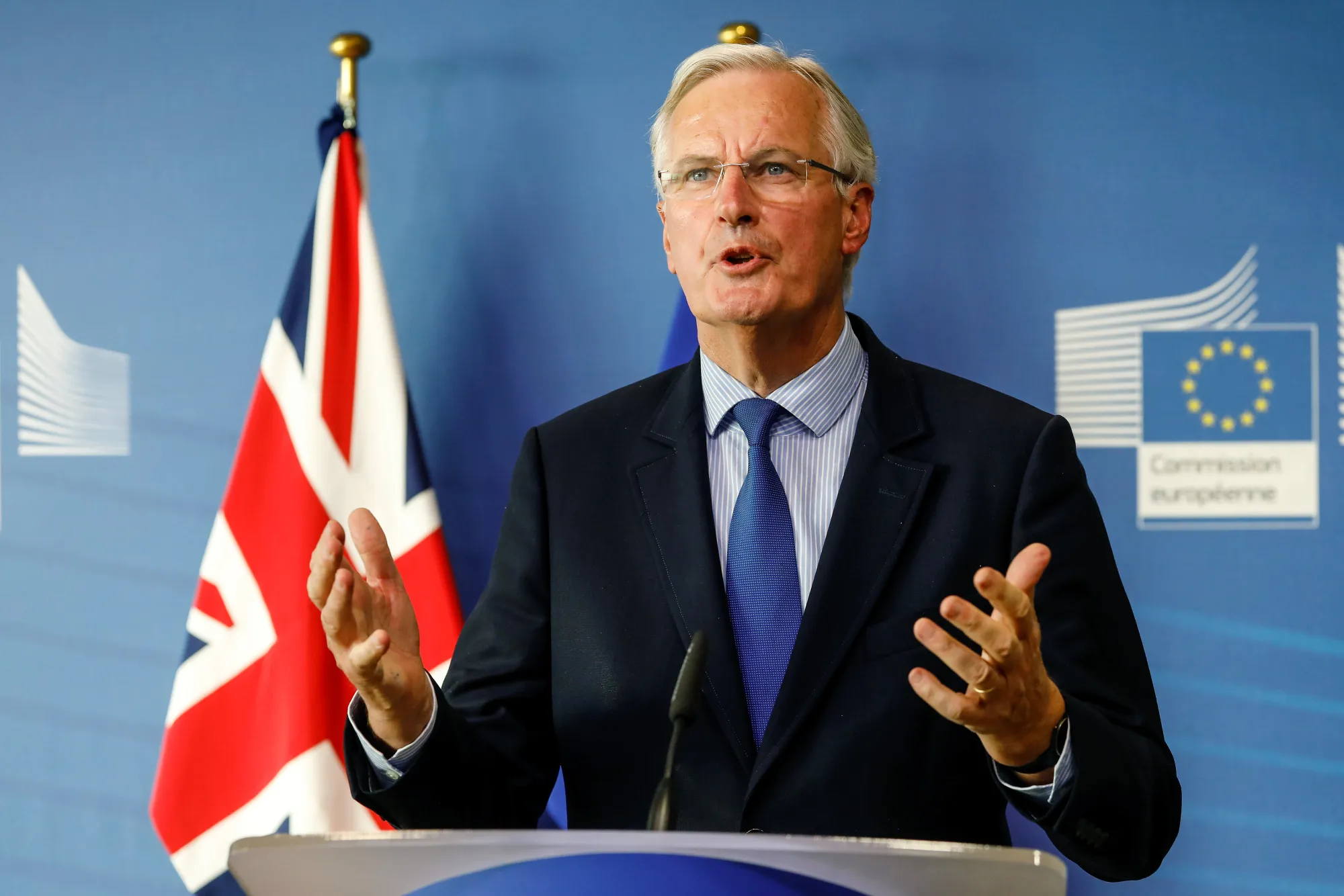 Michel Barnier, chief negotiator for the European Union (EU), speaks during a news conference as Brexit negotiations resume in Brussels, Belgium.