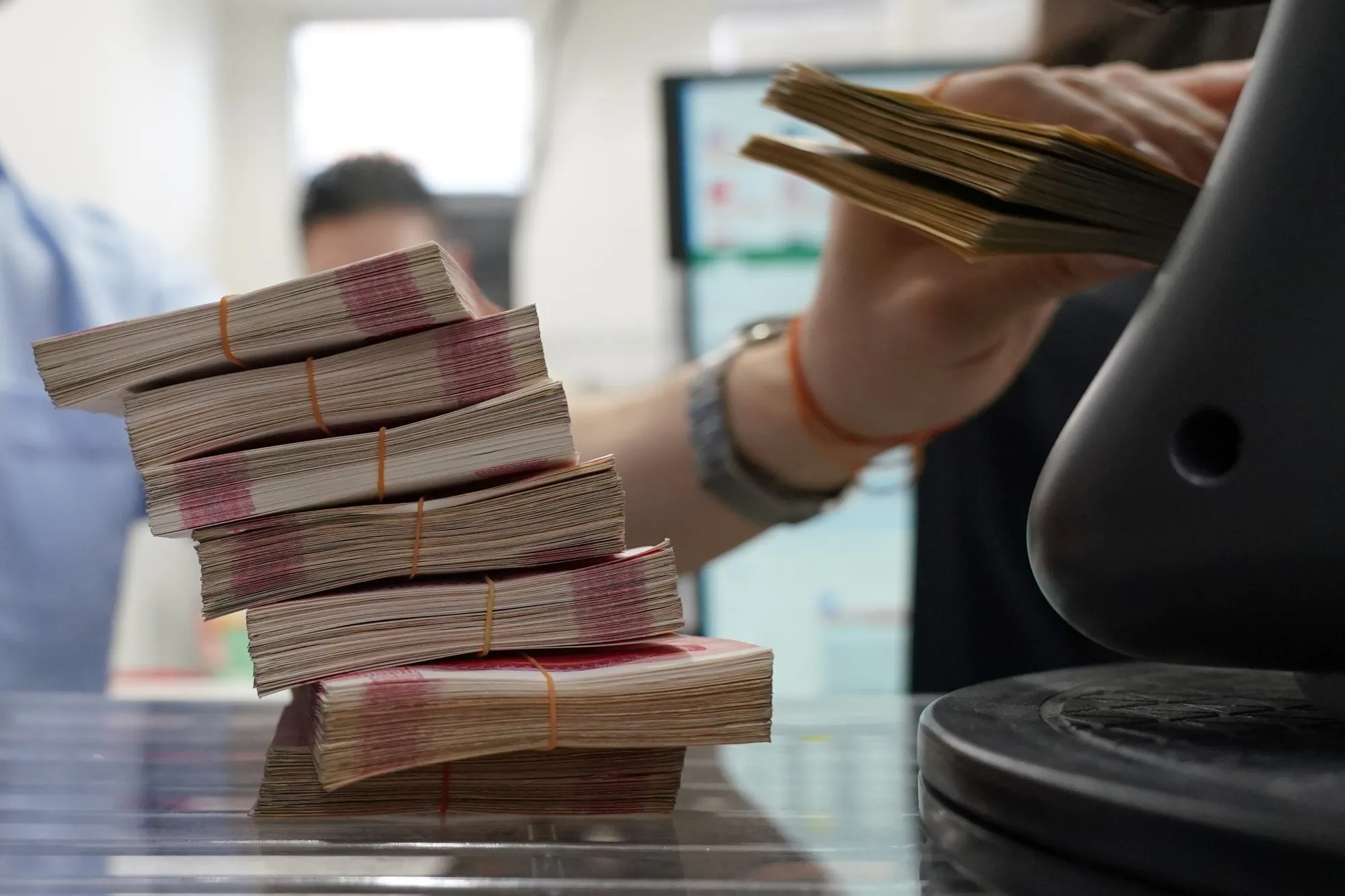 Bundles of Chinese yuan banknotes.