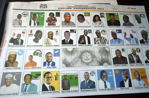 A ballot with photographs of the presidential candidates at a polling station in Cotonou
