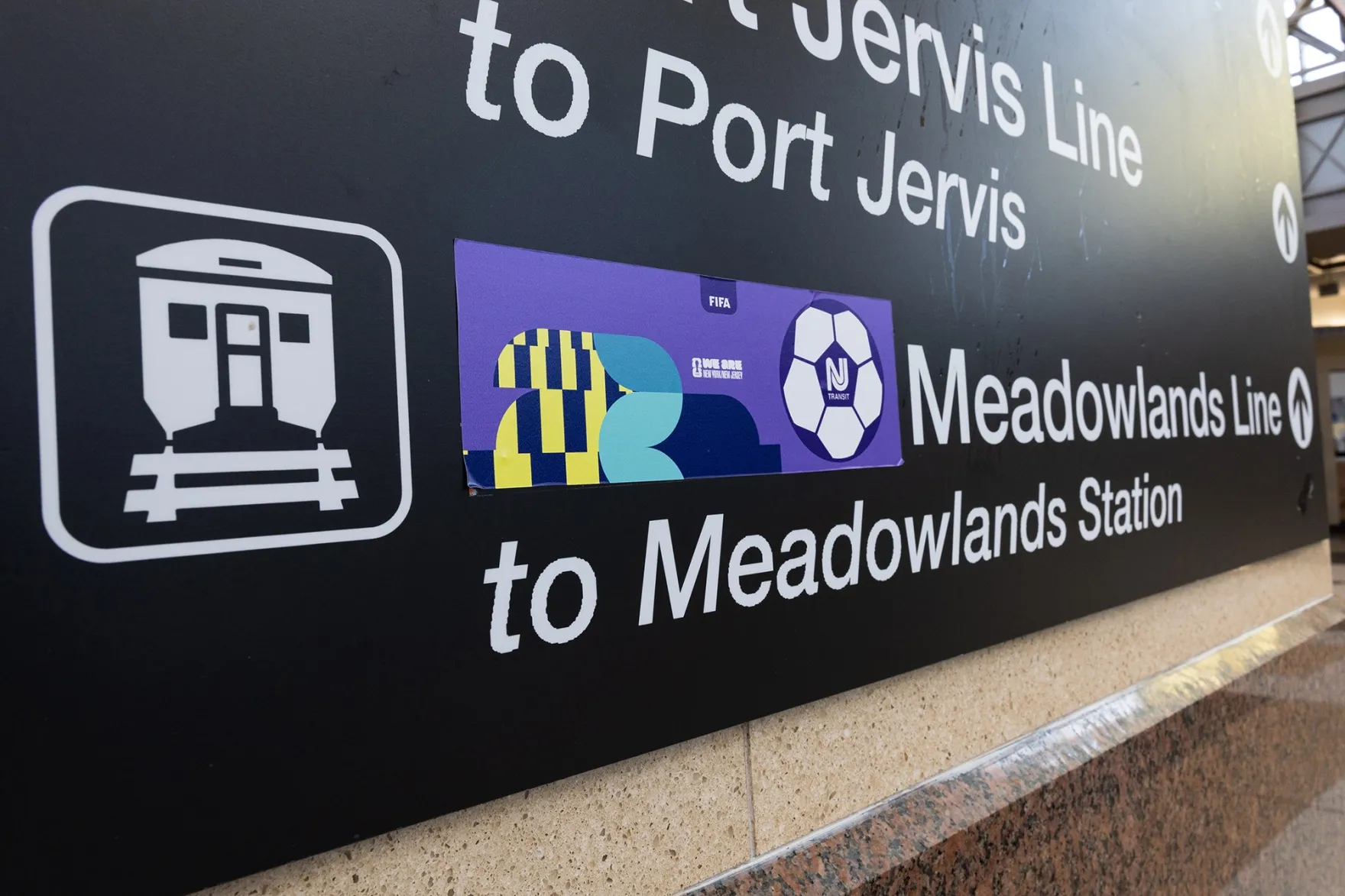 2026 FIFA World Cup directional signage is at Secaucus Junction Station in Secaucus, New Jersey on May 1.
