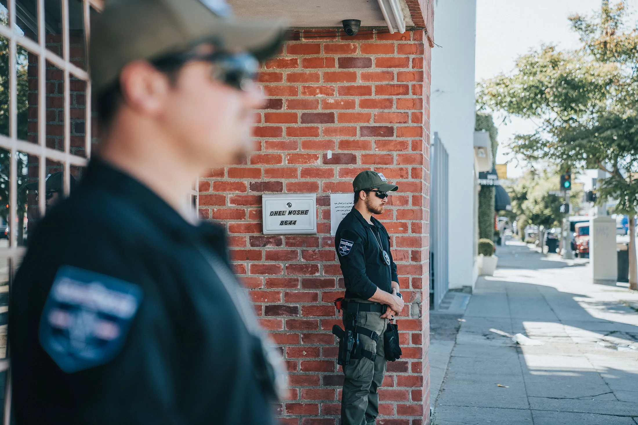 Magen Am security outside Ohel Moshe synagogue in Los Angeles.