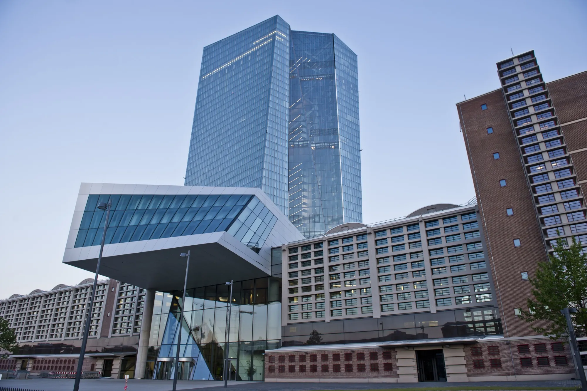 The European Central Bank’s glass&nbsp;tower at&nbsp;Frankfurt’s former wholesale market hall.