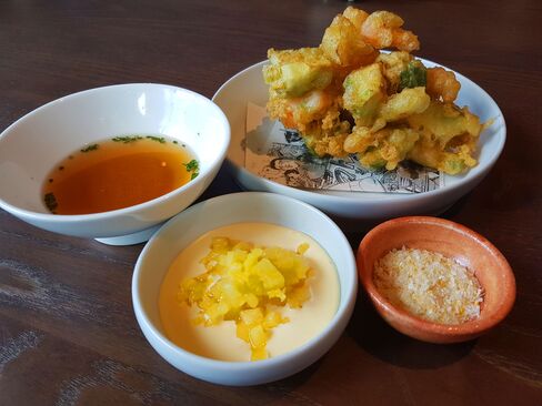 Prawn and avocado tempura.