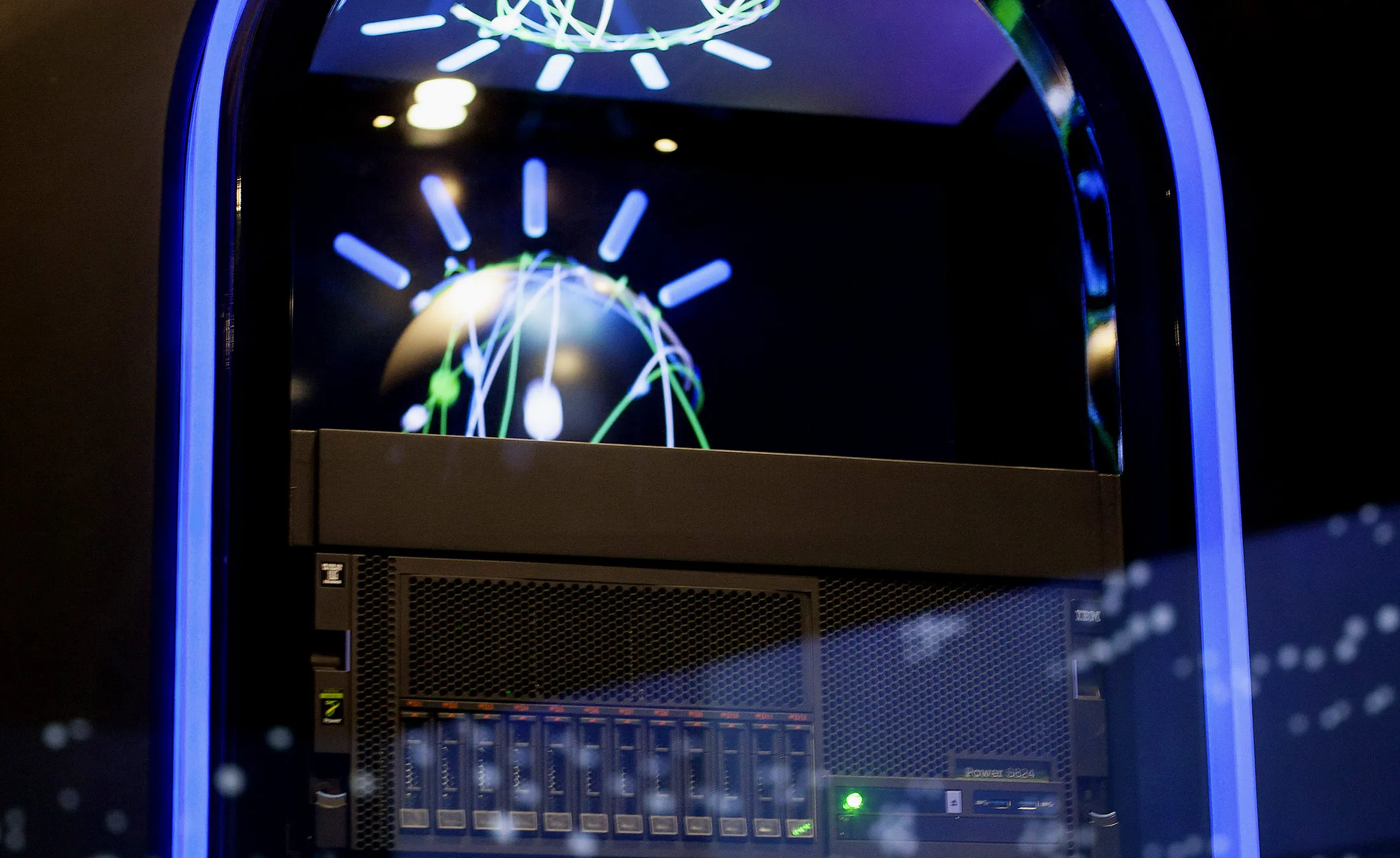 International Business Machines Corp.'s (IBM) Watson is seen in the immersion room during an event at the company's headquarters in New York, U.S., on Tuesday, Oct. 7, 2014. To help commercialize the technology famous for beating humans on the 'Jeopardy!' game show, new languages such as Portuguese and Japanese are being added to the Watson service this year, said Stephen Gold, vice president of the Watson Group business.
