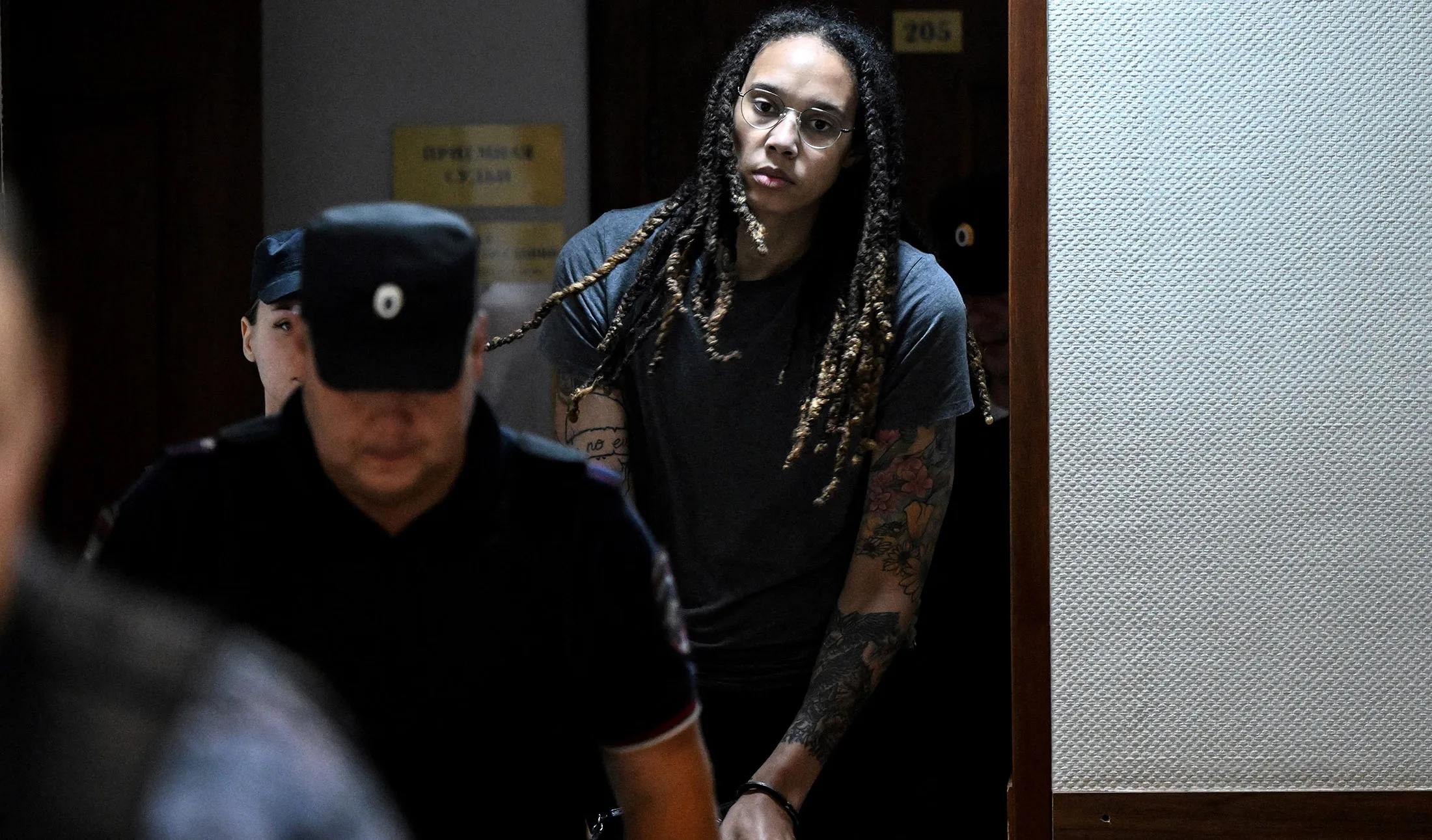 Brittney Griner is escorted to the courtroom&nbsp;in Khimki outside Moscow, on Aug. 4.