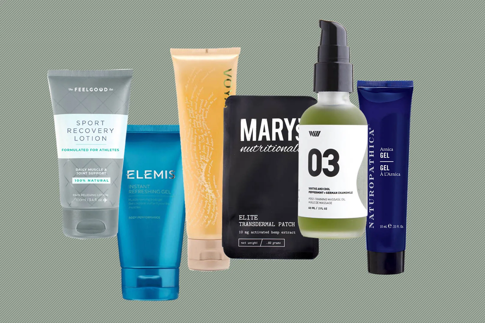 From left: Feel Good Lab Sport Recovery lotion, Elemis Instant Refreshing gel,&nbsp;Voya&nbsp;Feel the Heat Muscle Warming gel,&nbsp;Mary’s Nutritionals Elite patch,&nbsp;Way of Will Soothe and Cool oil, and Naturopathica Arnica gel.
