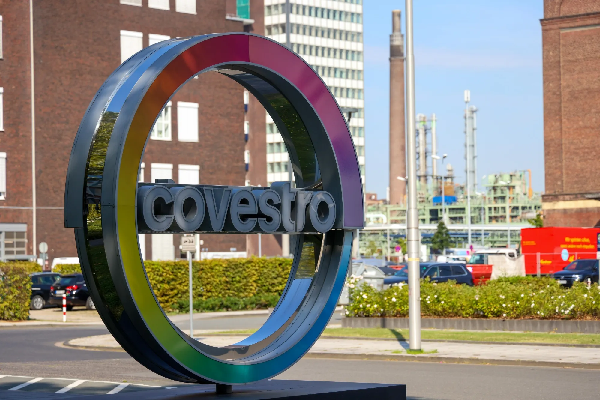 A Covestro AG sign outside the corporate headquarters in Leverkusen, Germany.