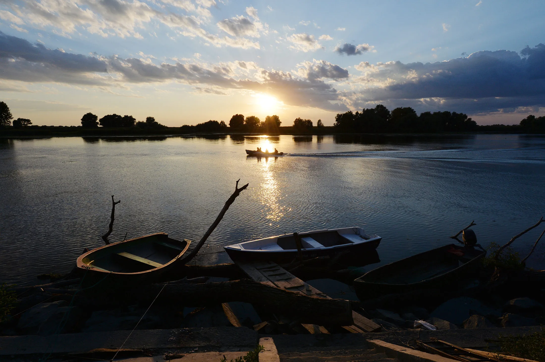 Boats sit on the Danube in Mila, Romania.
